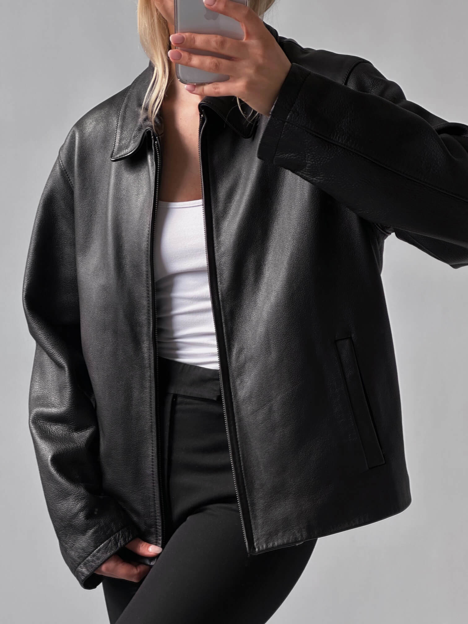 Vintage Oversized Straight Pebbled Leather Jacket | XS-L