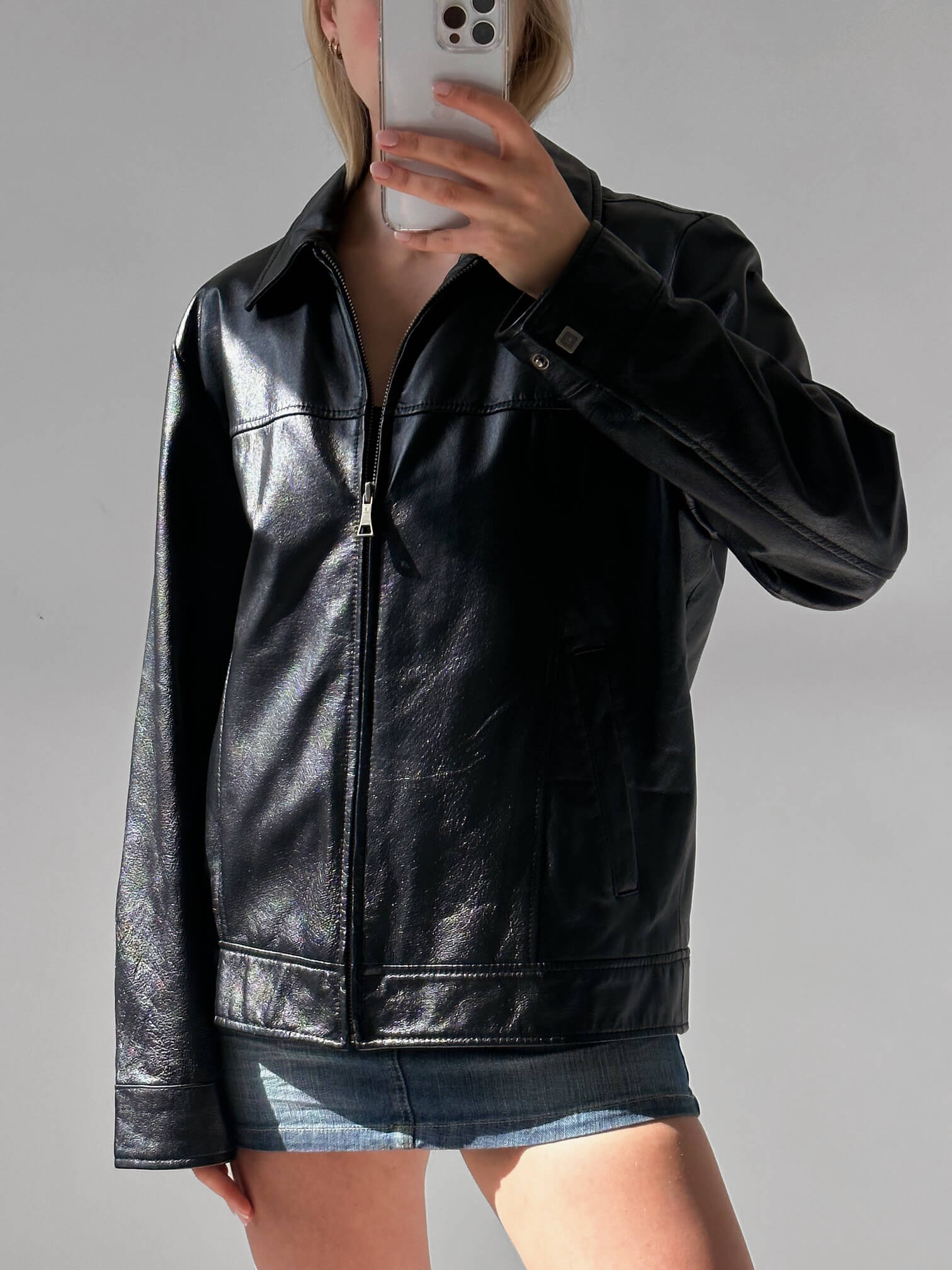 Vintage Oversized Straight Fit Semi-Patent Leather Jacket | XS-L