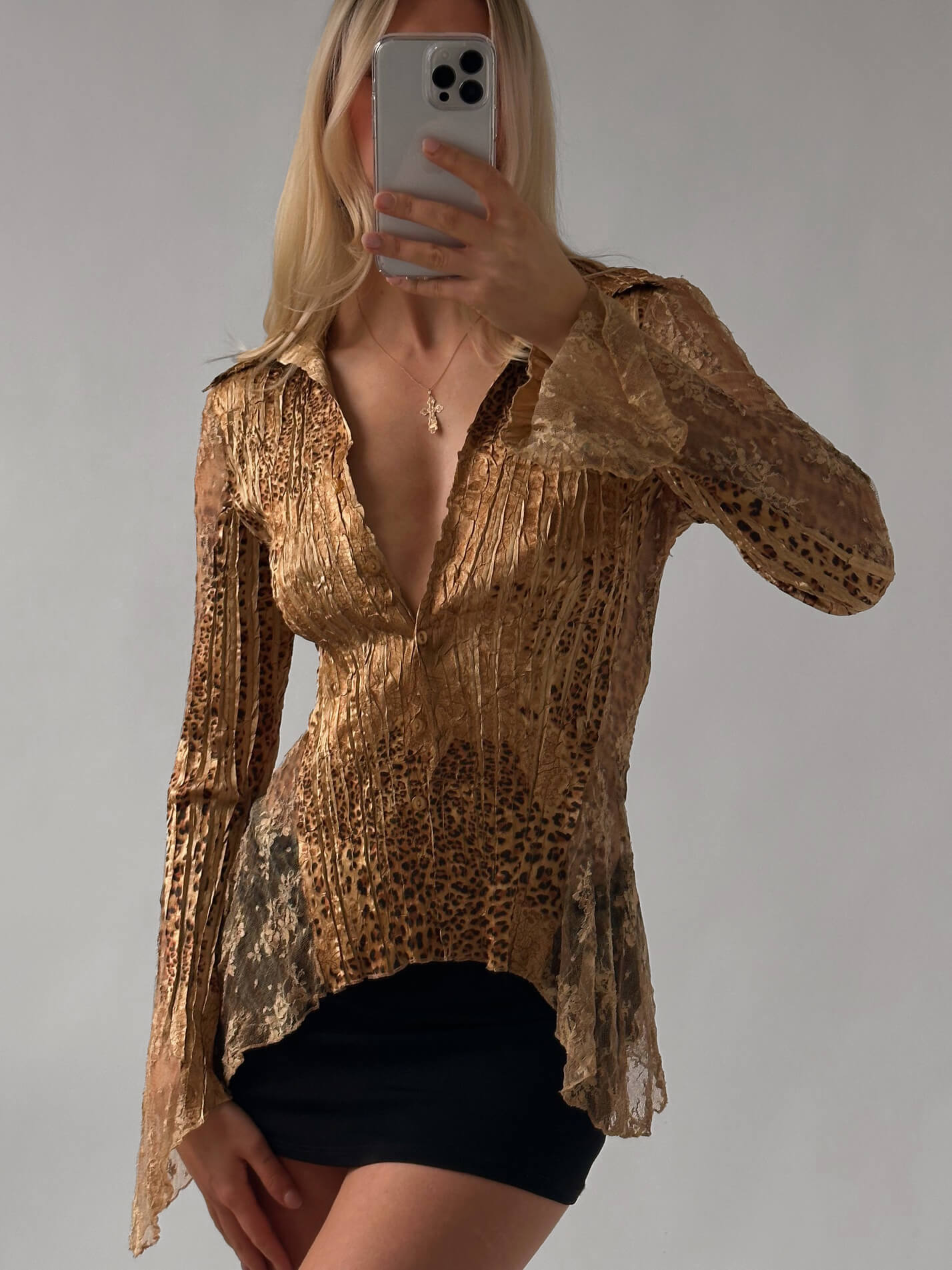 Vintage Caché Leopard and Lace Pleated Blouse | S/M