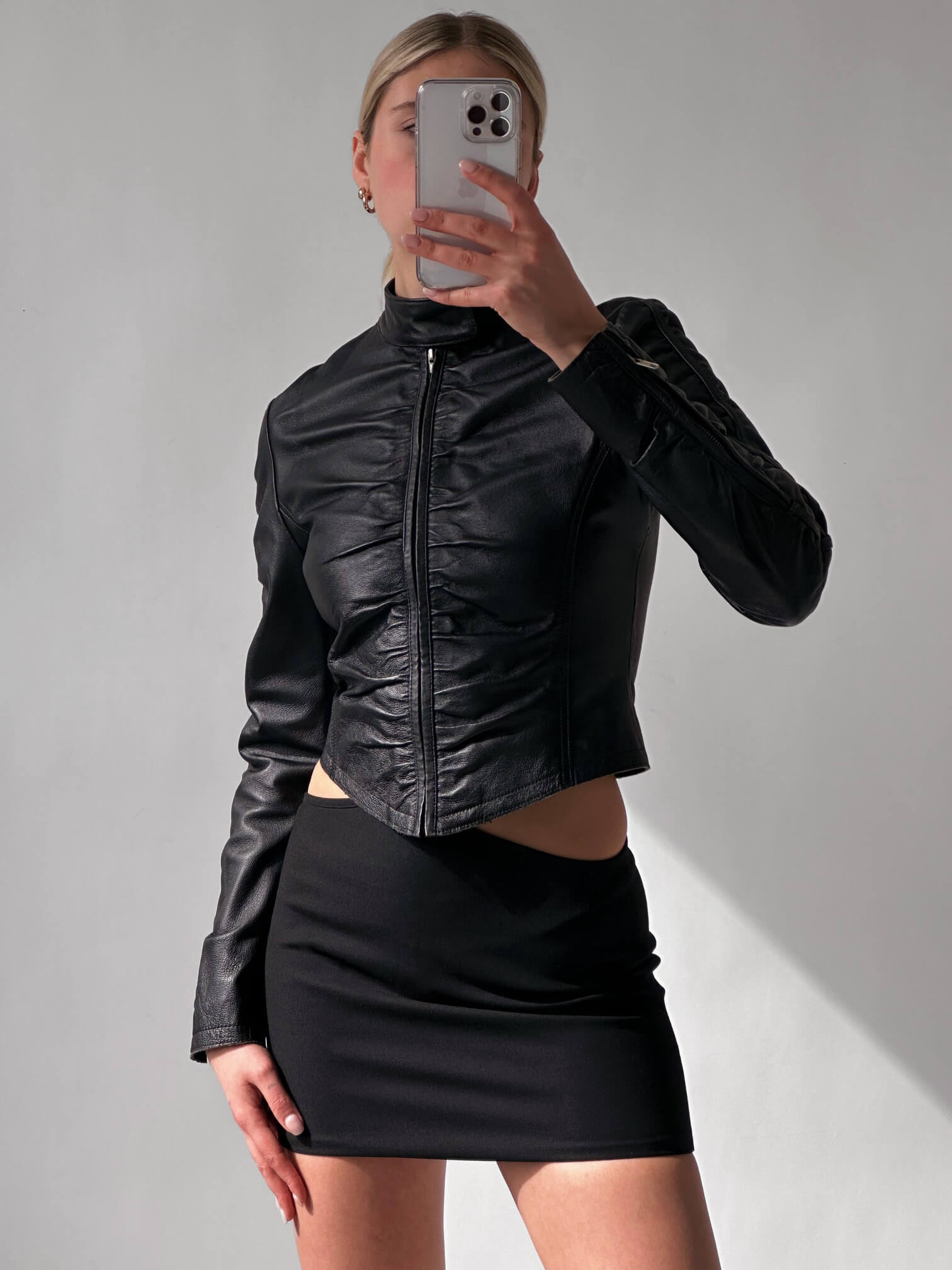 Vintage Ruched Leather Moto Jacket | XS/S