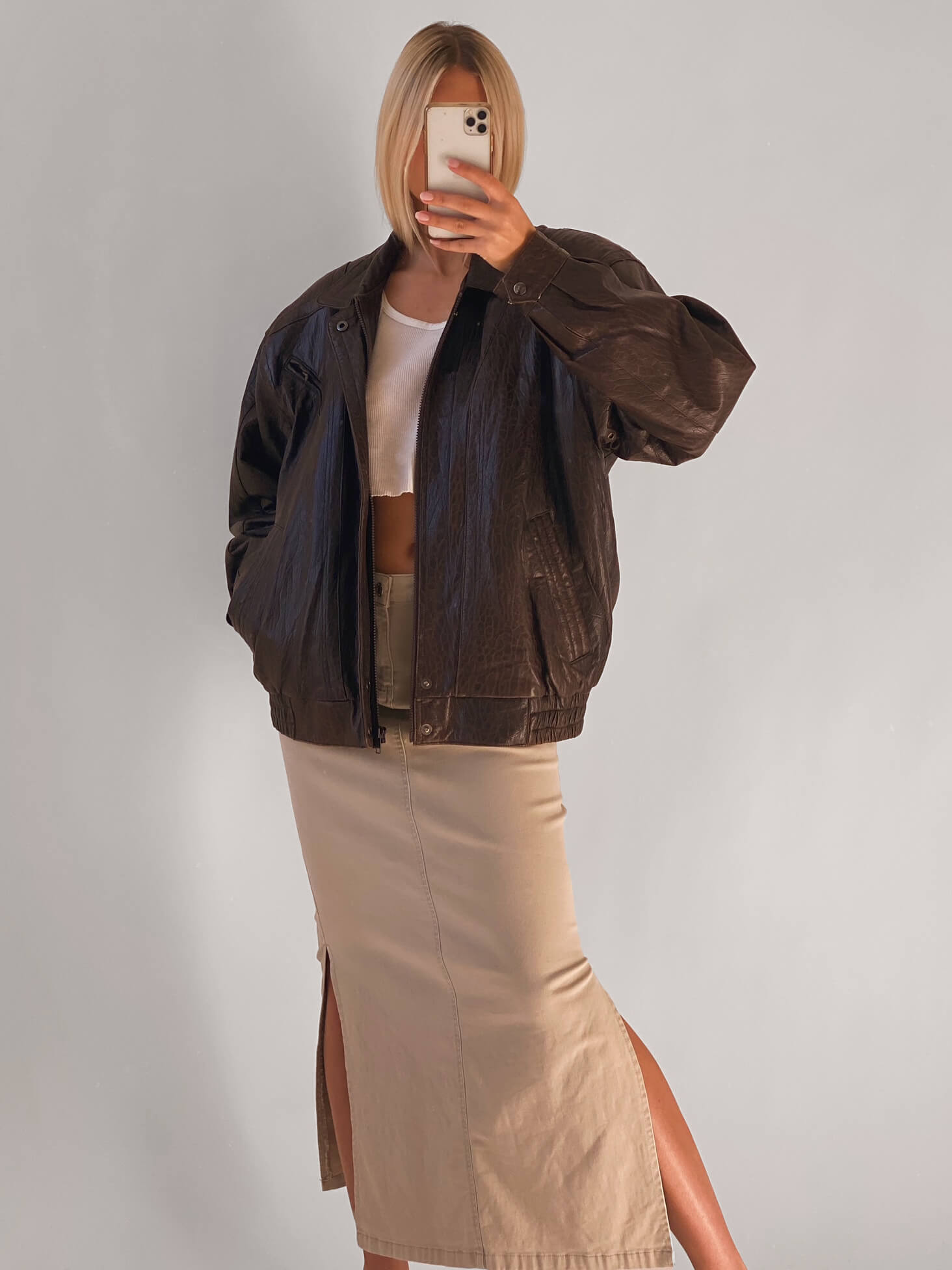 Vintage Oversized Chocolate Textured Leather Bomber Jacket | XS-XL
