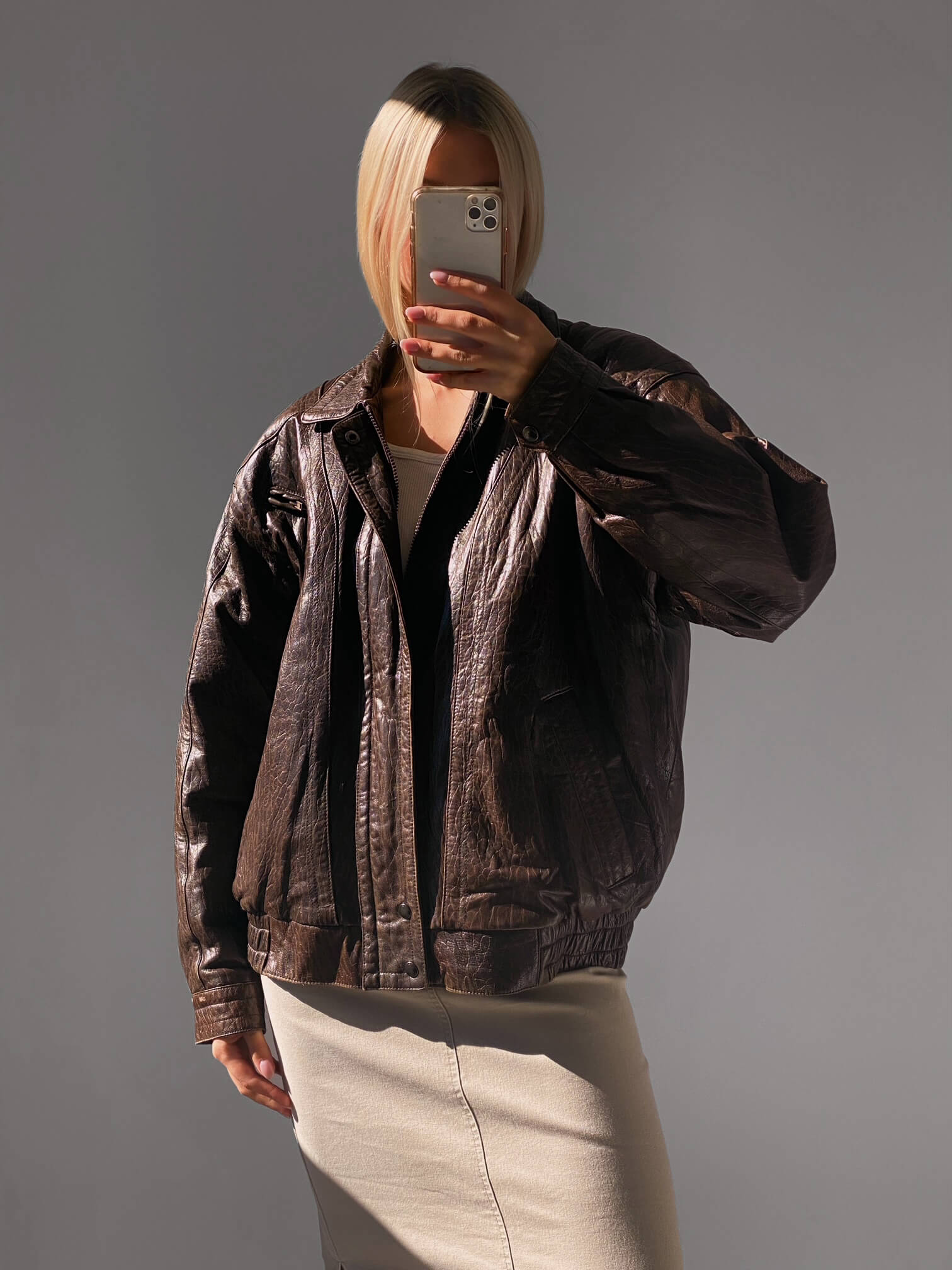 Vintage Oversized Chocolate Textured Leather Bomber Jacket | XS-XL