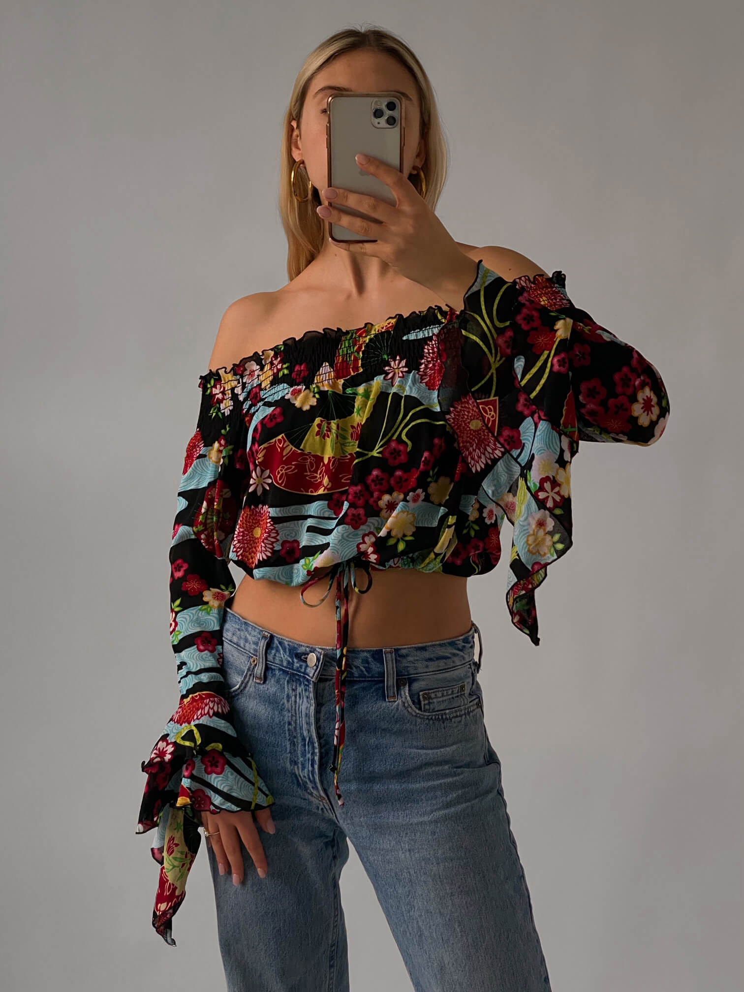Vintage Off-Shoulder Blossom Mesh Top | M/L