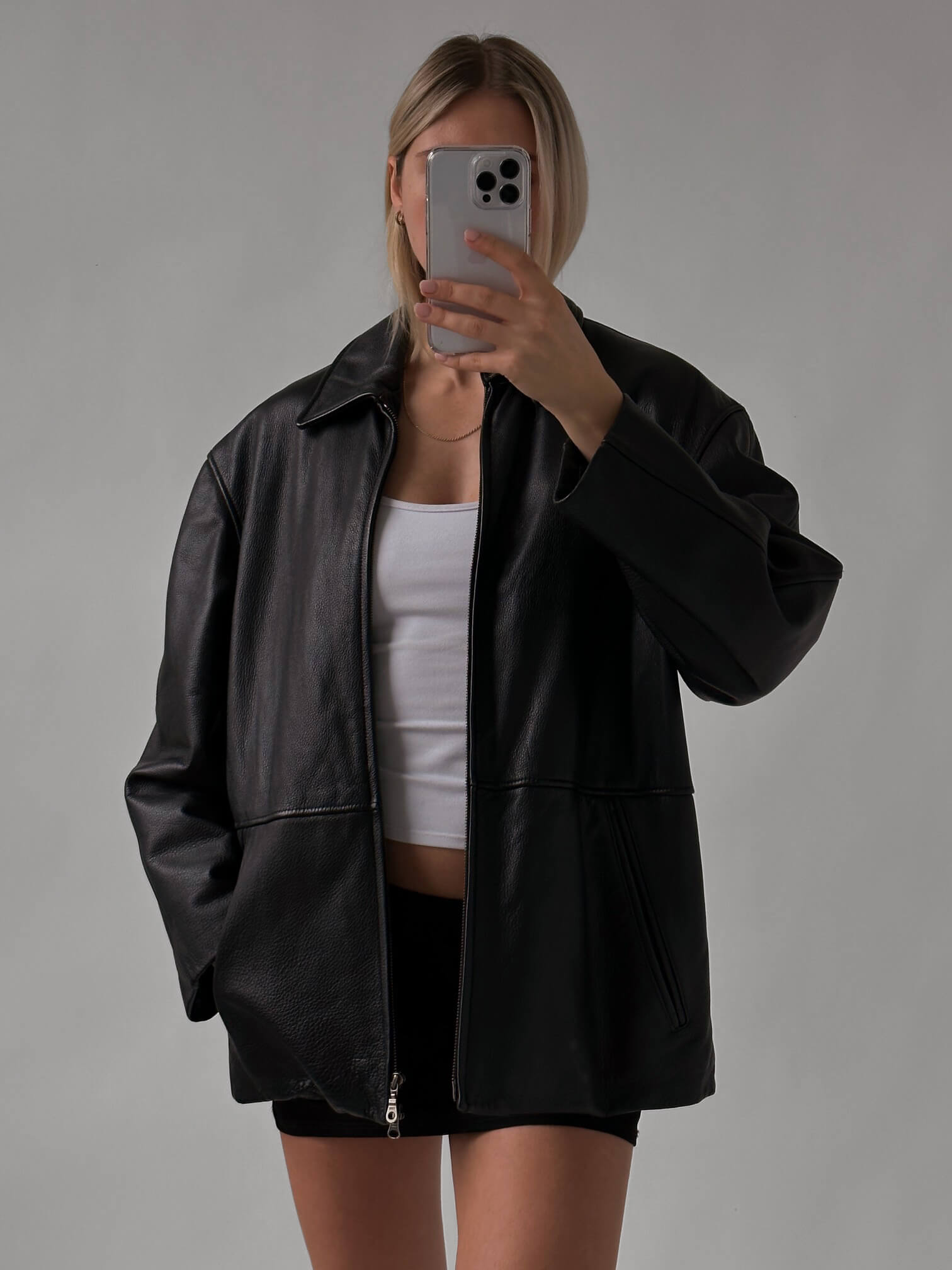 Vintage Oversized Straight Fit Pebbled Leather Jacket  | XS-XL