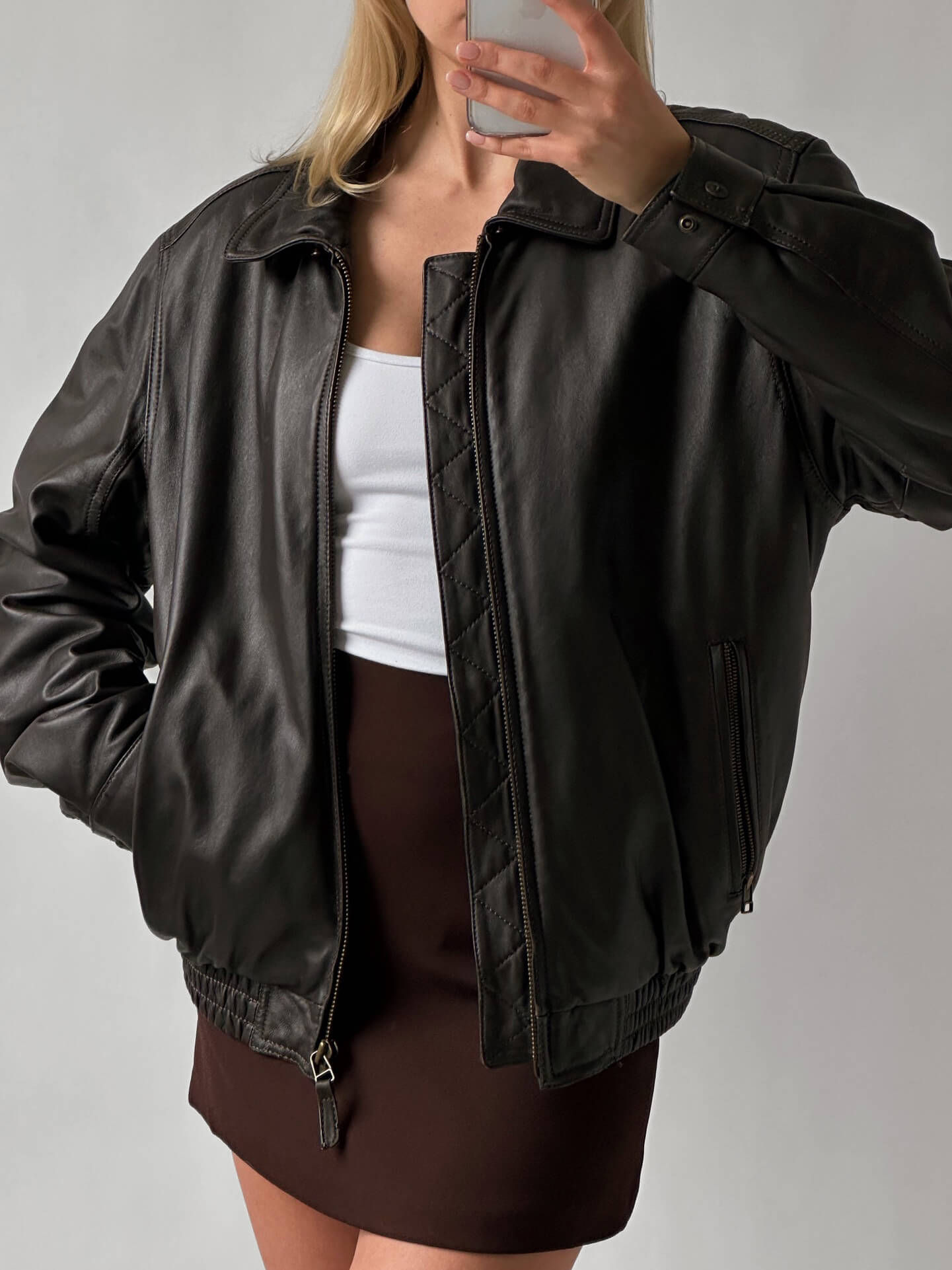 Vintage Dark Brown Oversized Leather Bomber Jacket | XS-L