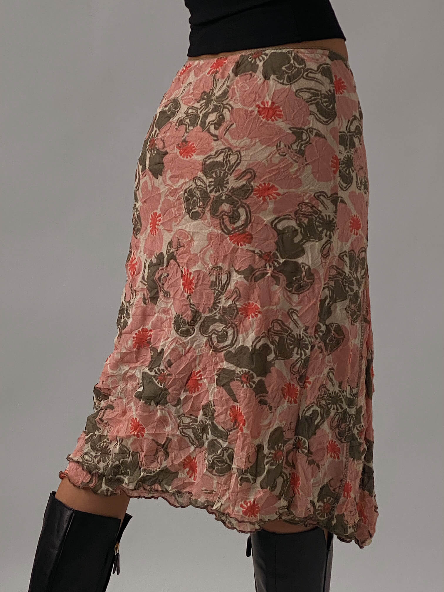 Vintage Crushed Mesh Floral Midi Skirt | S/M