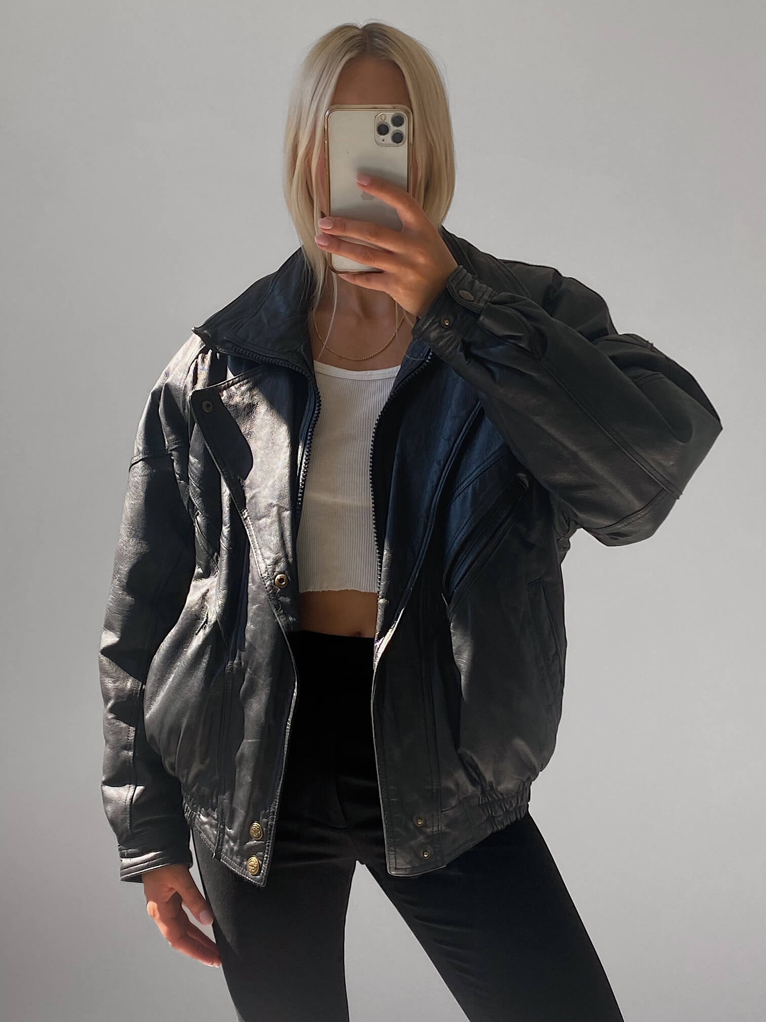 Vintage Double Collar Leather Bomber Jacket | XS-L