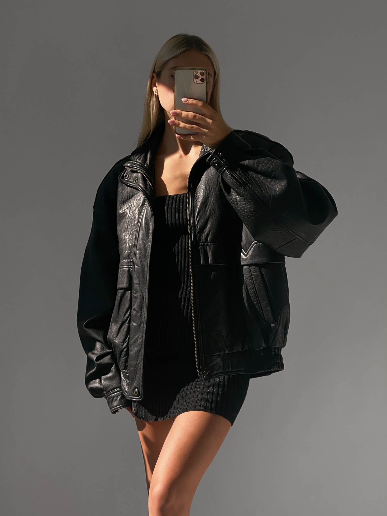 Vintage Oversized Pebbled Leather Bomber Jacket | XS-XL