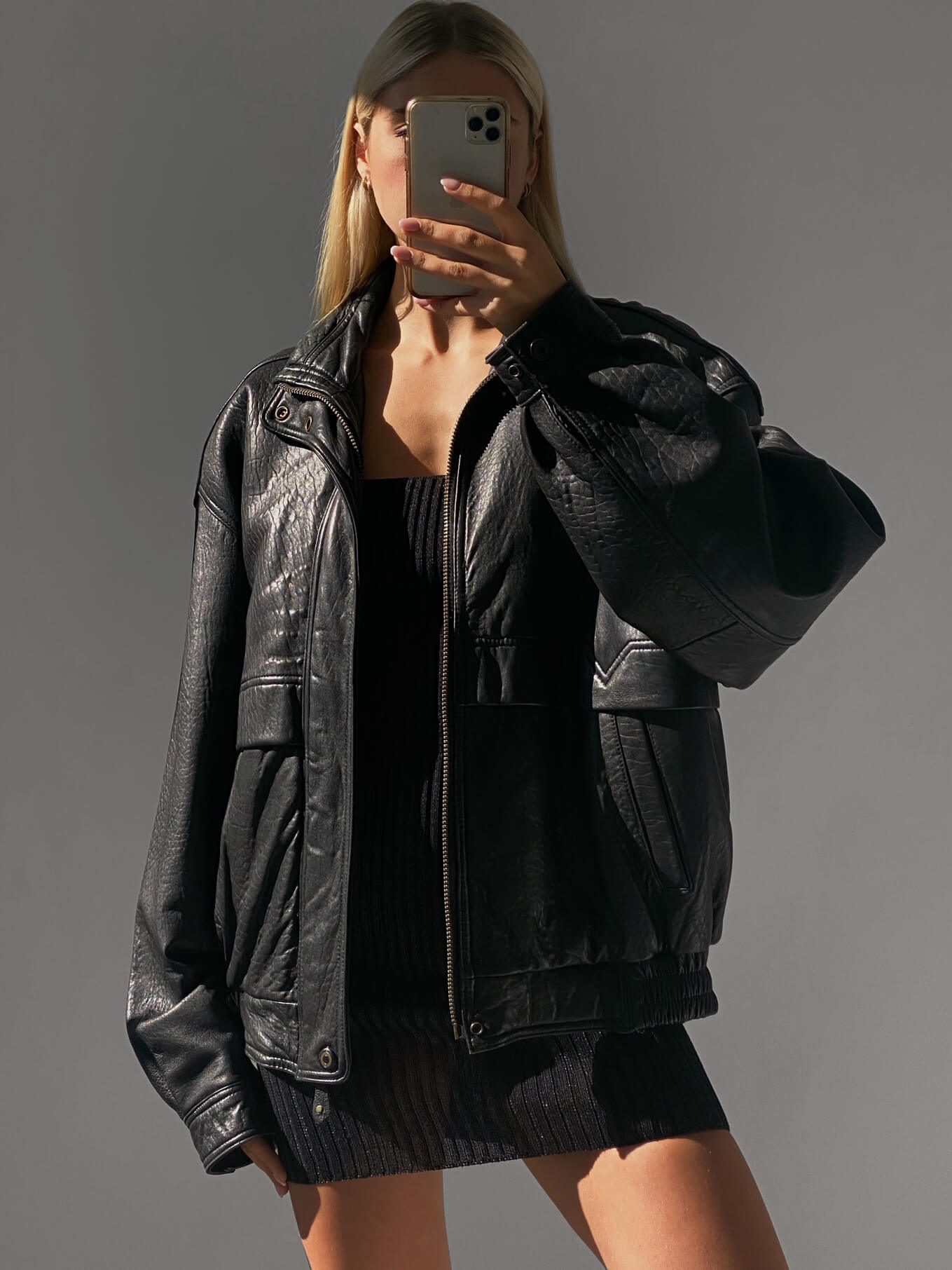 Vintage Oversized Pebbled Leather Bomber Jacket | XS-XL