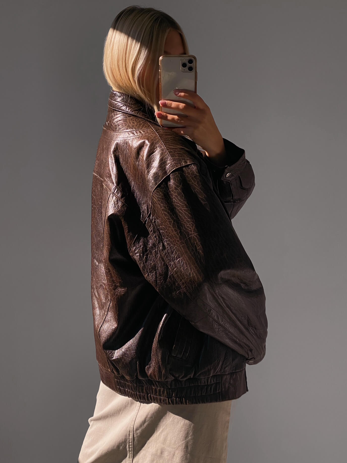Vintage Oversized Chocolate Textured Leather Bomber Jacket | XS-XL