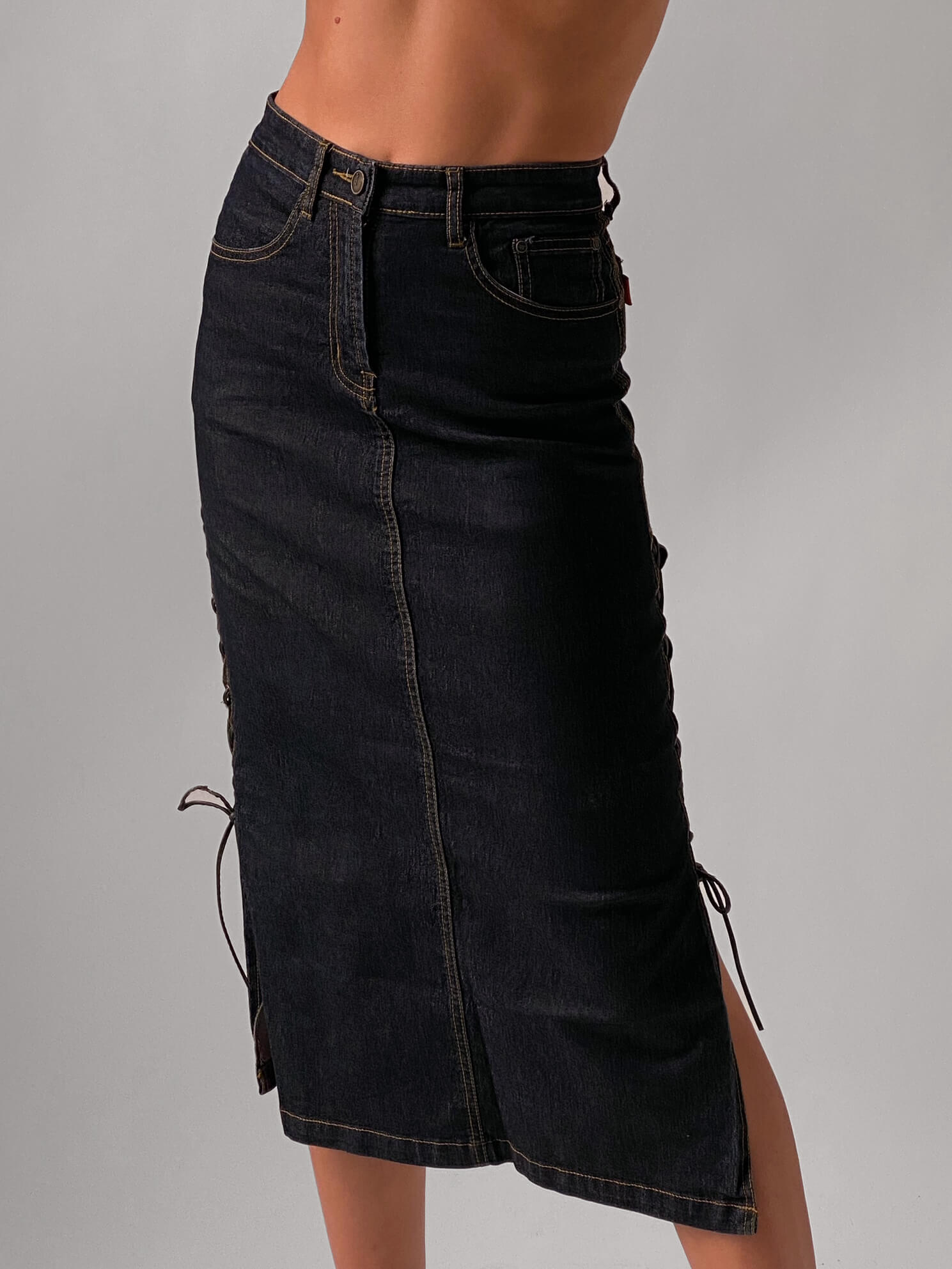 Vintage Y2K Lace Up Denim Midi Skirt | XS