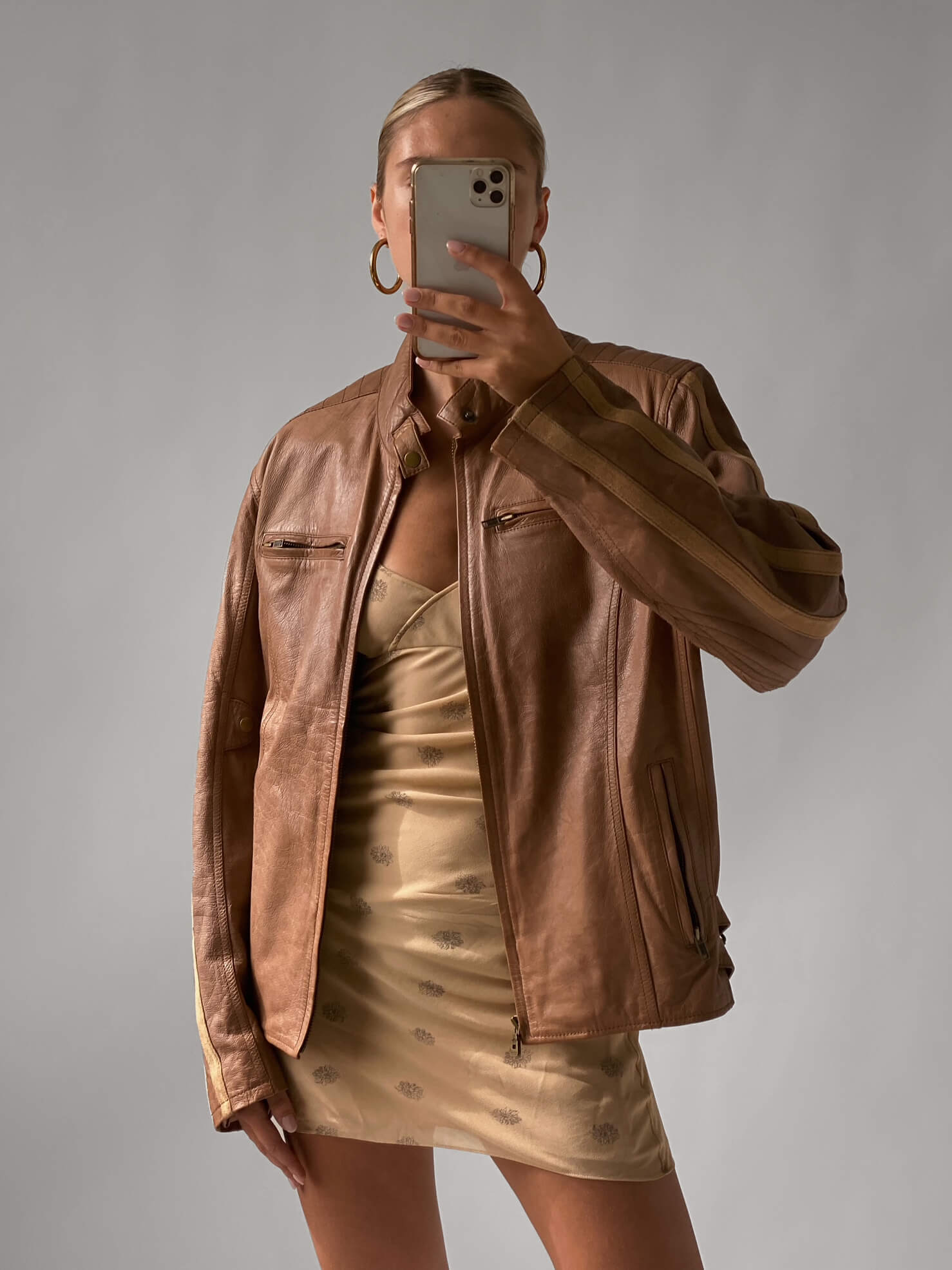 Vintage Striped Tan Leather Moto Jacket | XS-L