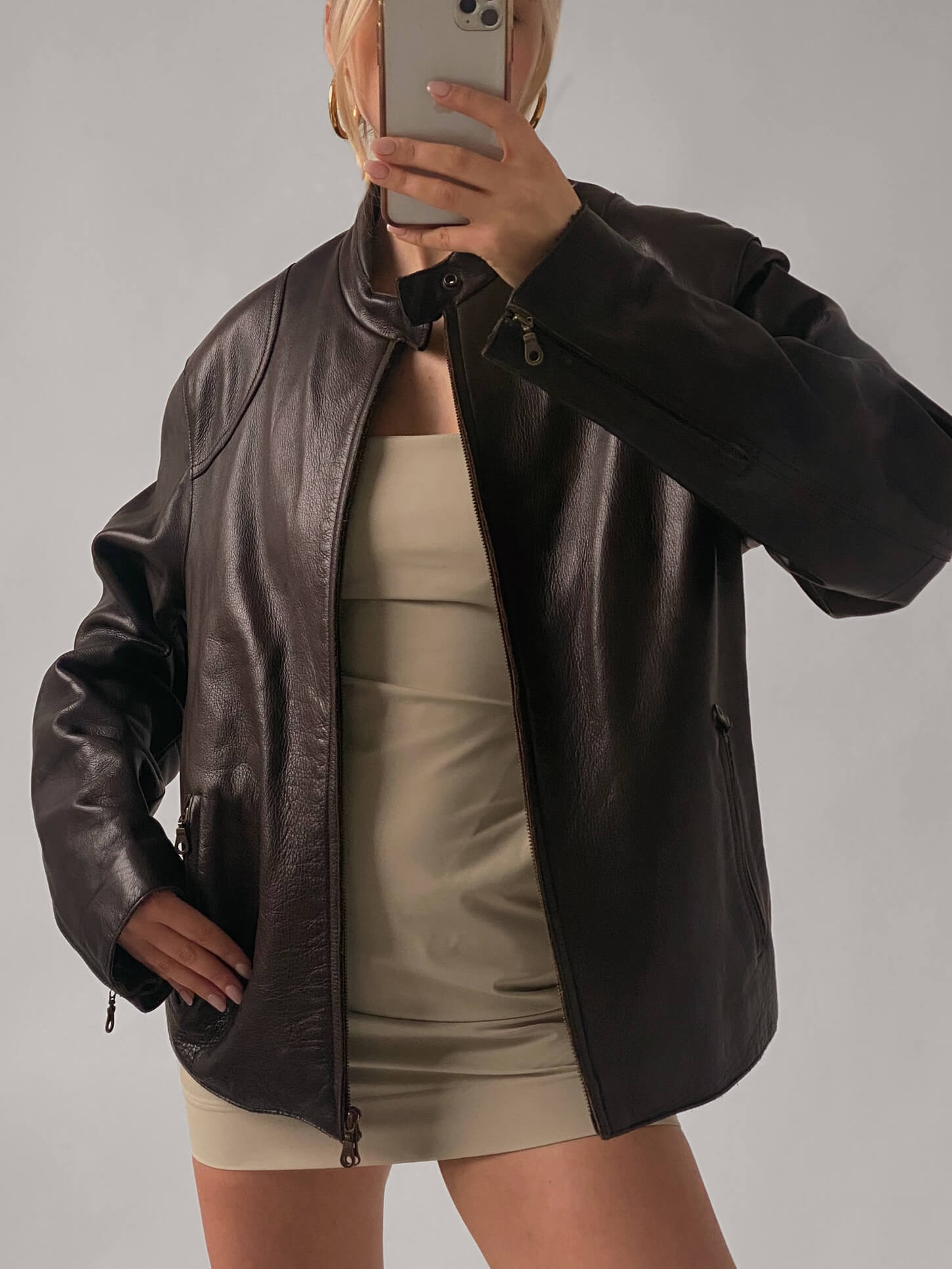 Vintage Oversized Chocolate Leather Moto Jacket | XS-XL
