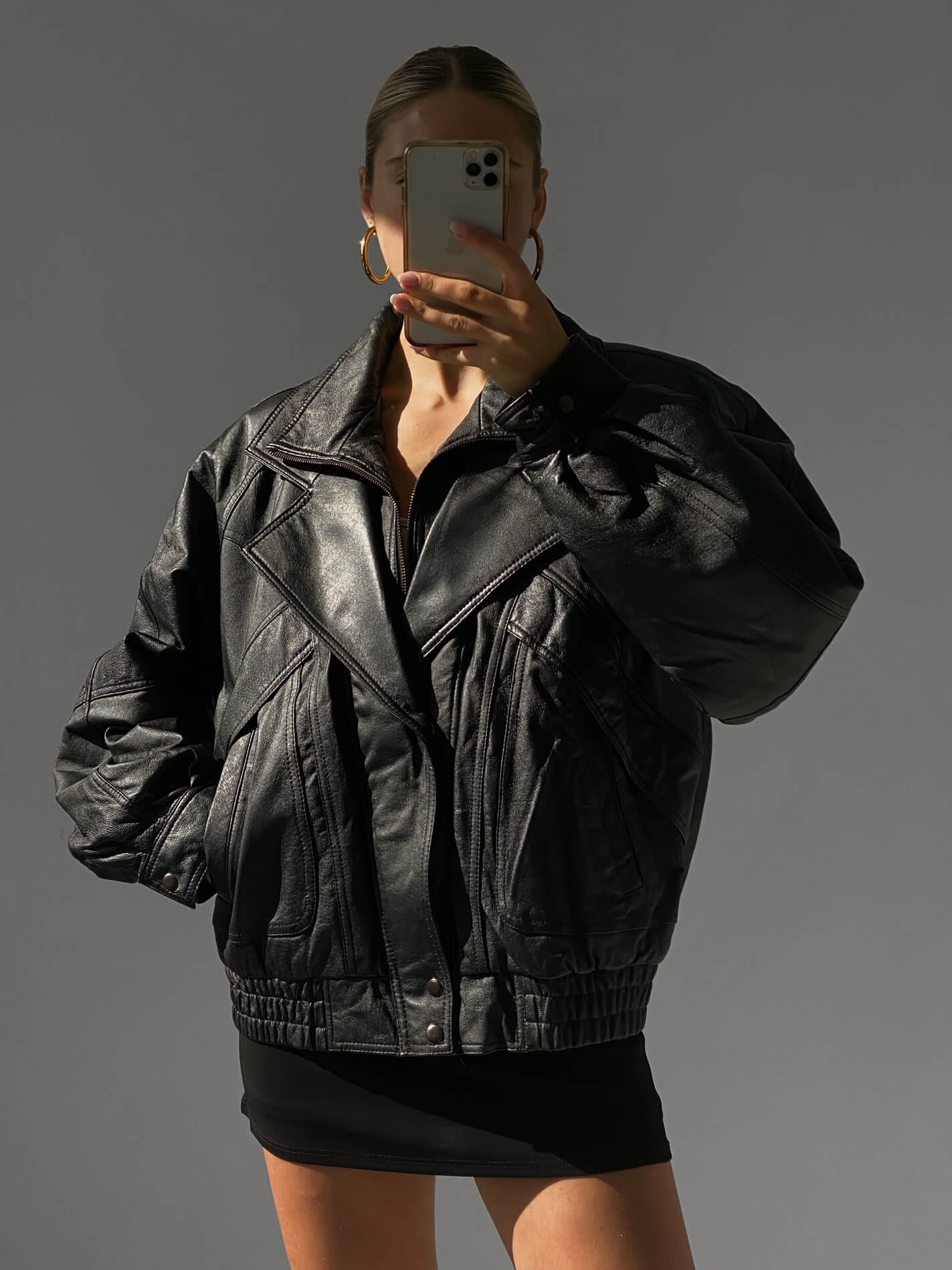 Vintage Oversized Double Collar Leather Bomber Jacket | XS-XL