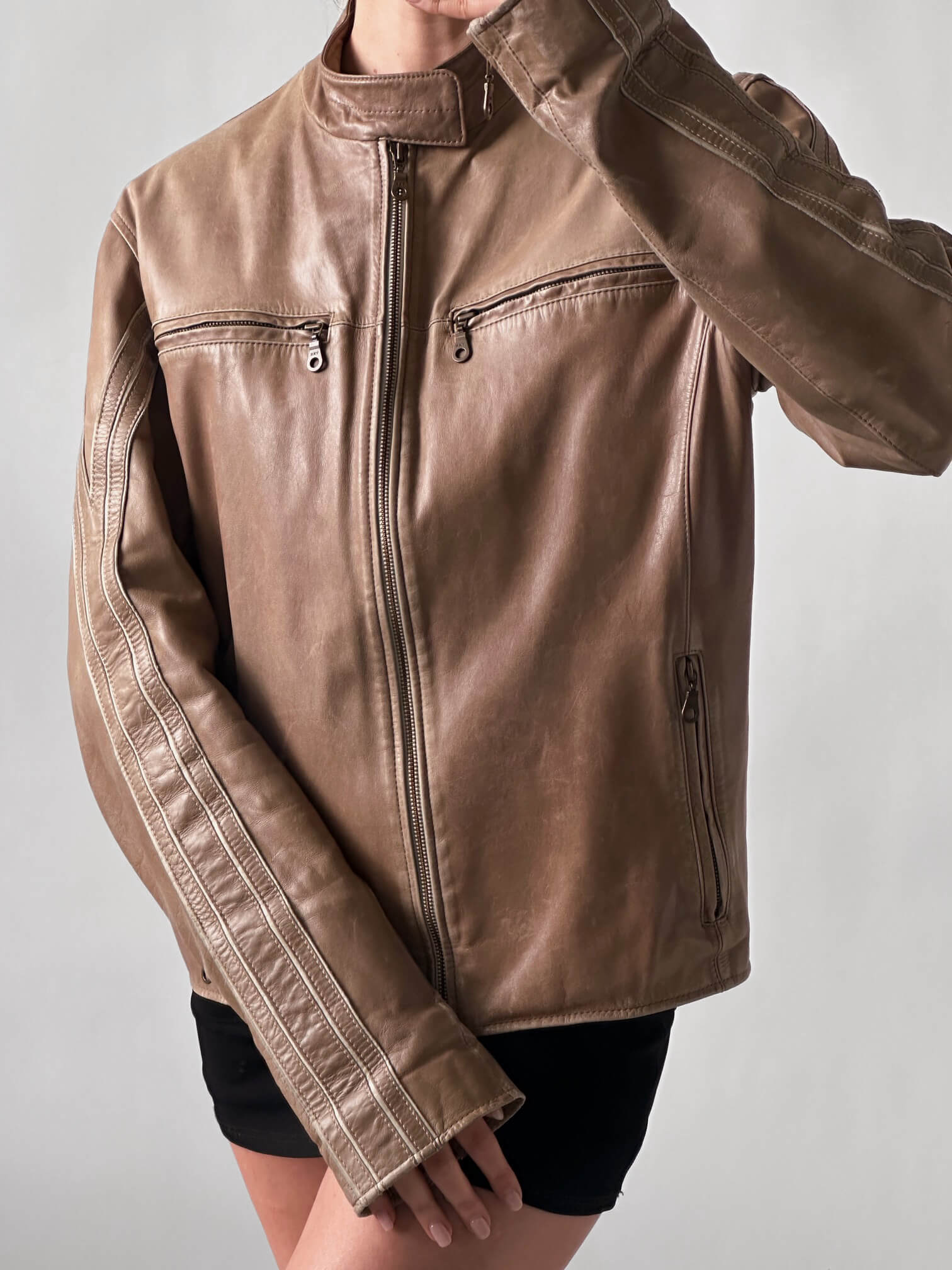 Vintage Oversized Tan Leather Striped Moto Jacket | XS-L