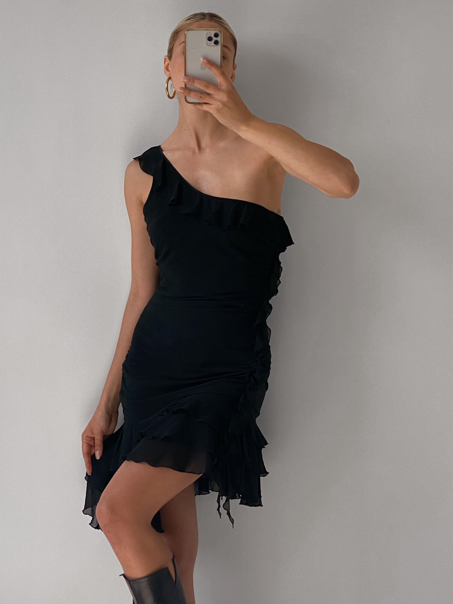 Y2K Asymmetric Silk Ruffle Dress | M