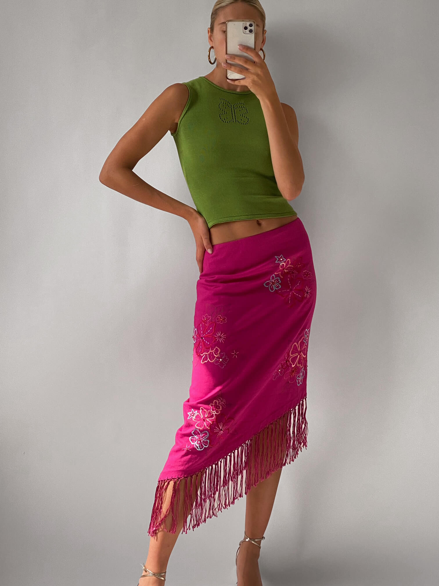 Vintage Embroidered Linen Tassel Skirt | S/M