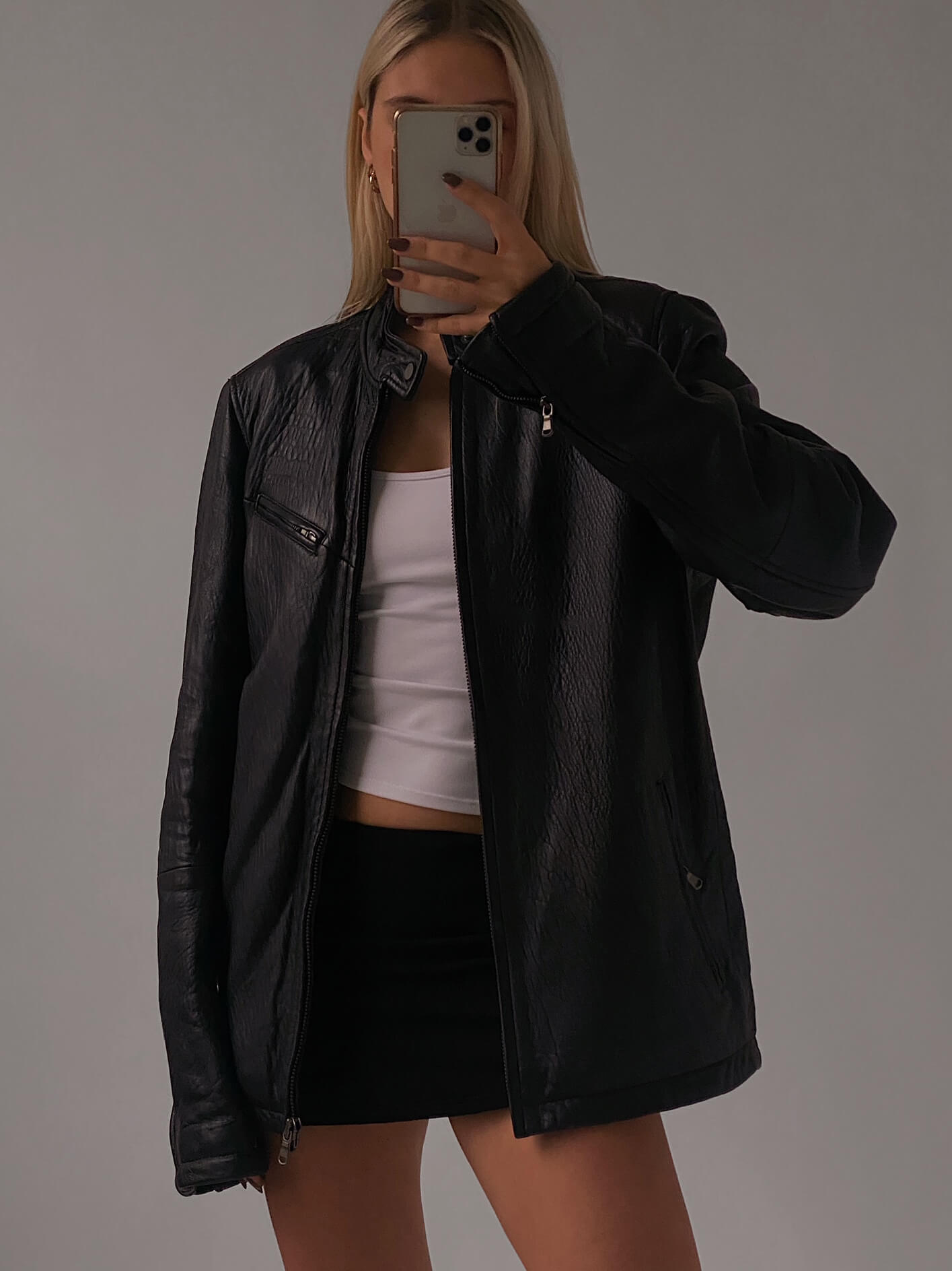 Vintage Oversized Straight Fit Pebbled Leather Jacket | XS-XL