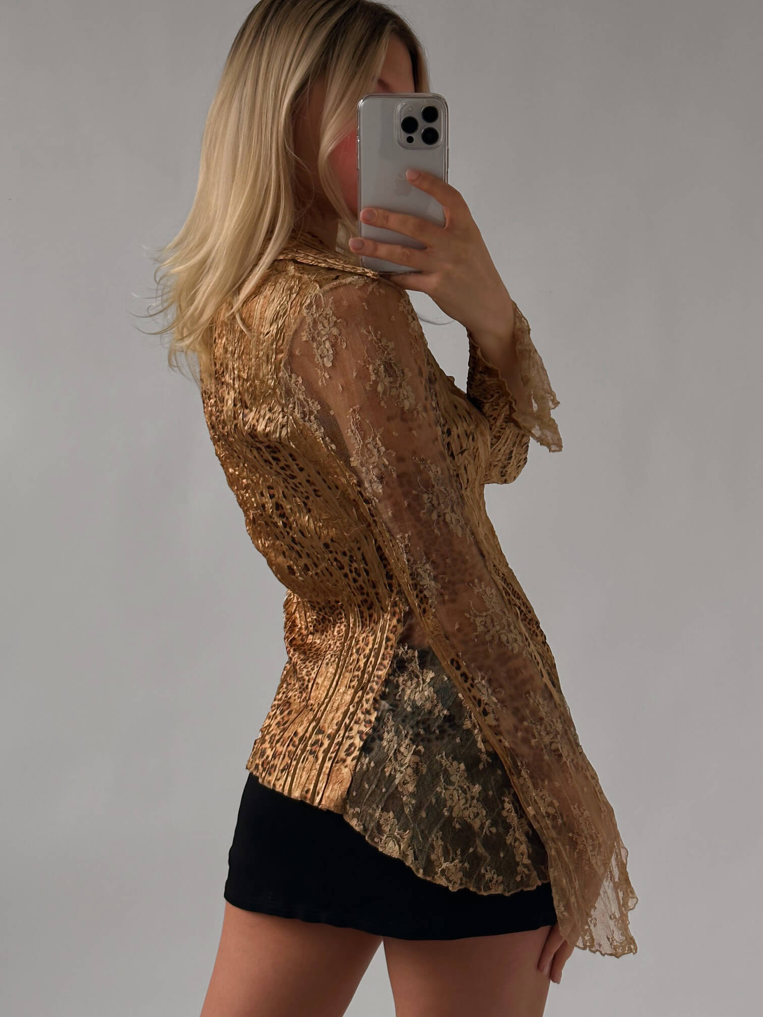 Vintage Caché Leopard and Lace Pleated Blouse | S/M