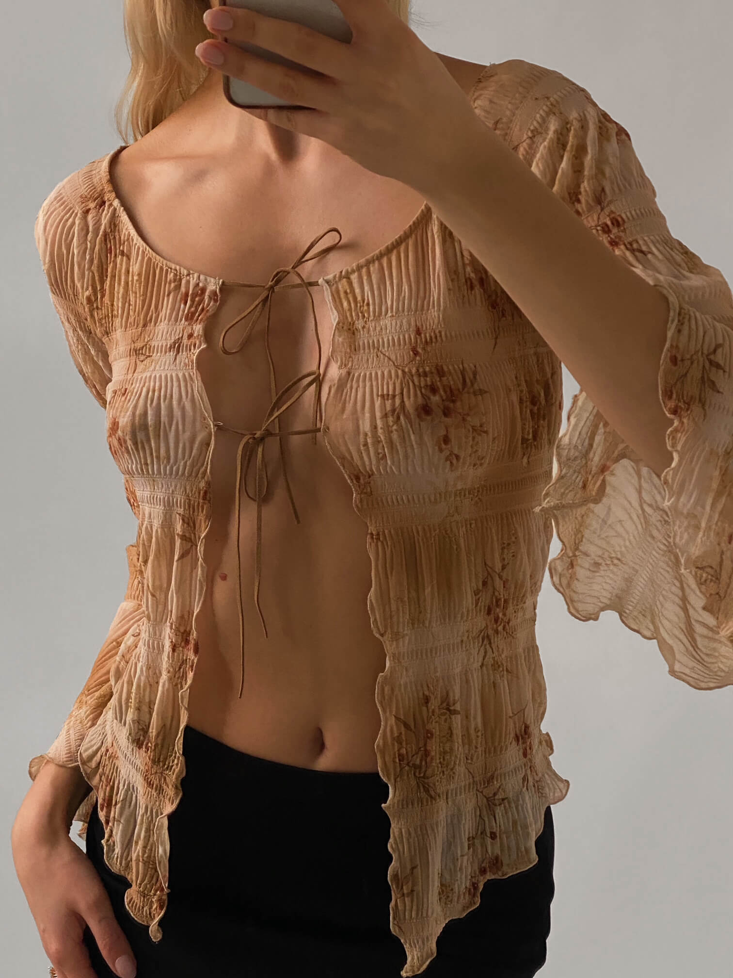 Vintage Smocked Mesh Tie-Up Blouse | S/M