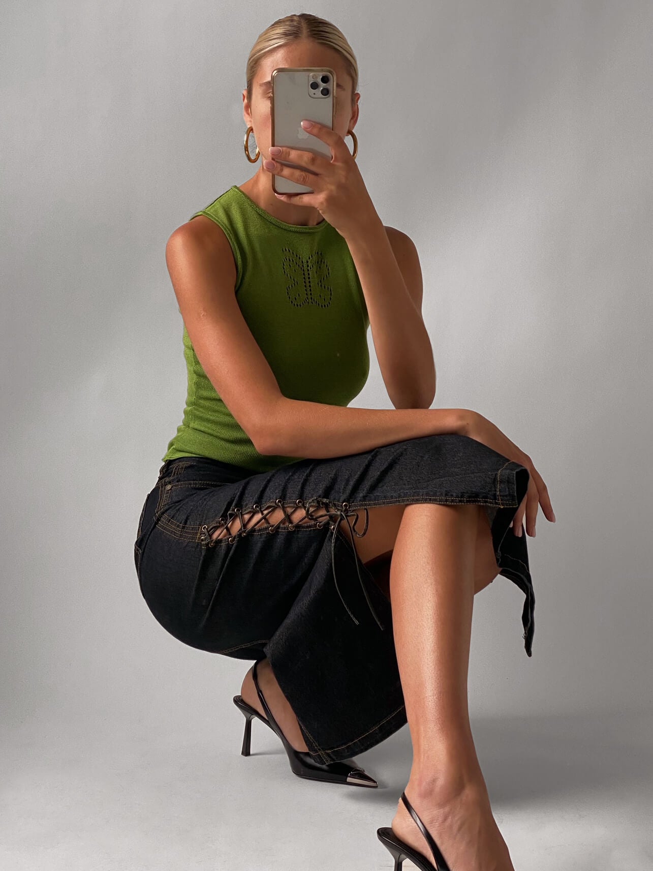 Vintage Y2K Lace Up Denim Midi Skirt | XS