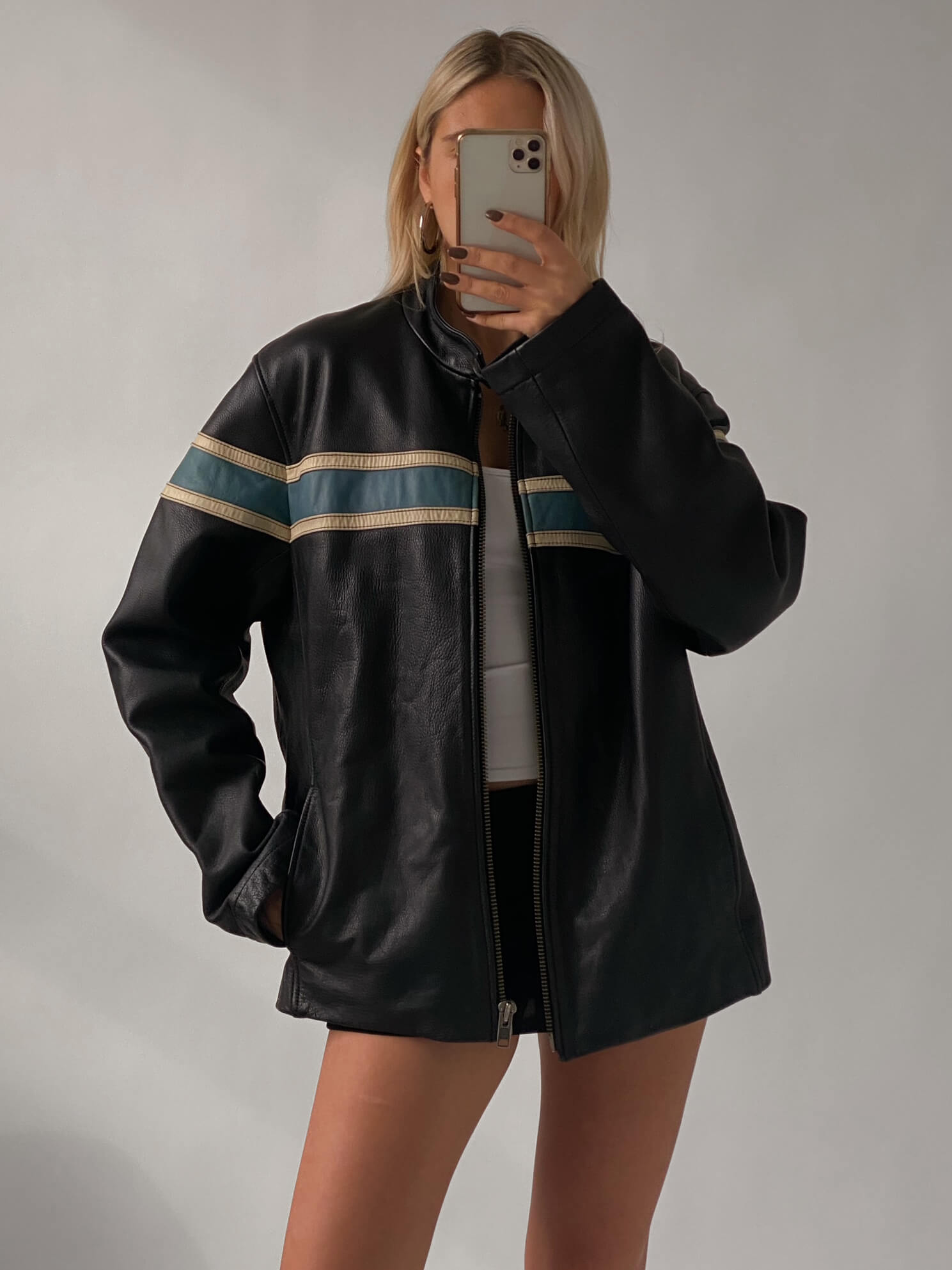 Vintage Oversized Striped Leather Moto Jacket | XS-XXL