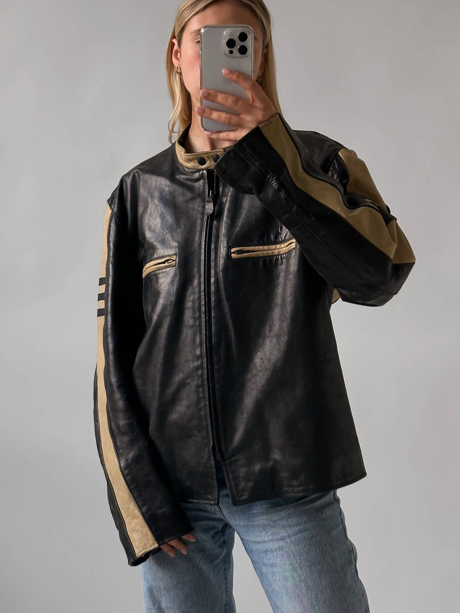 Vintage Tommy Hilfiger Oversized Striped Moto Leather Jacket | XS-XXL