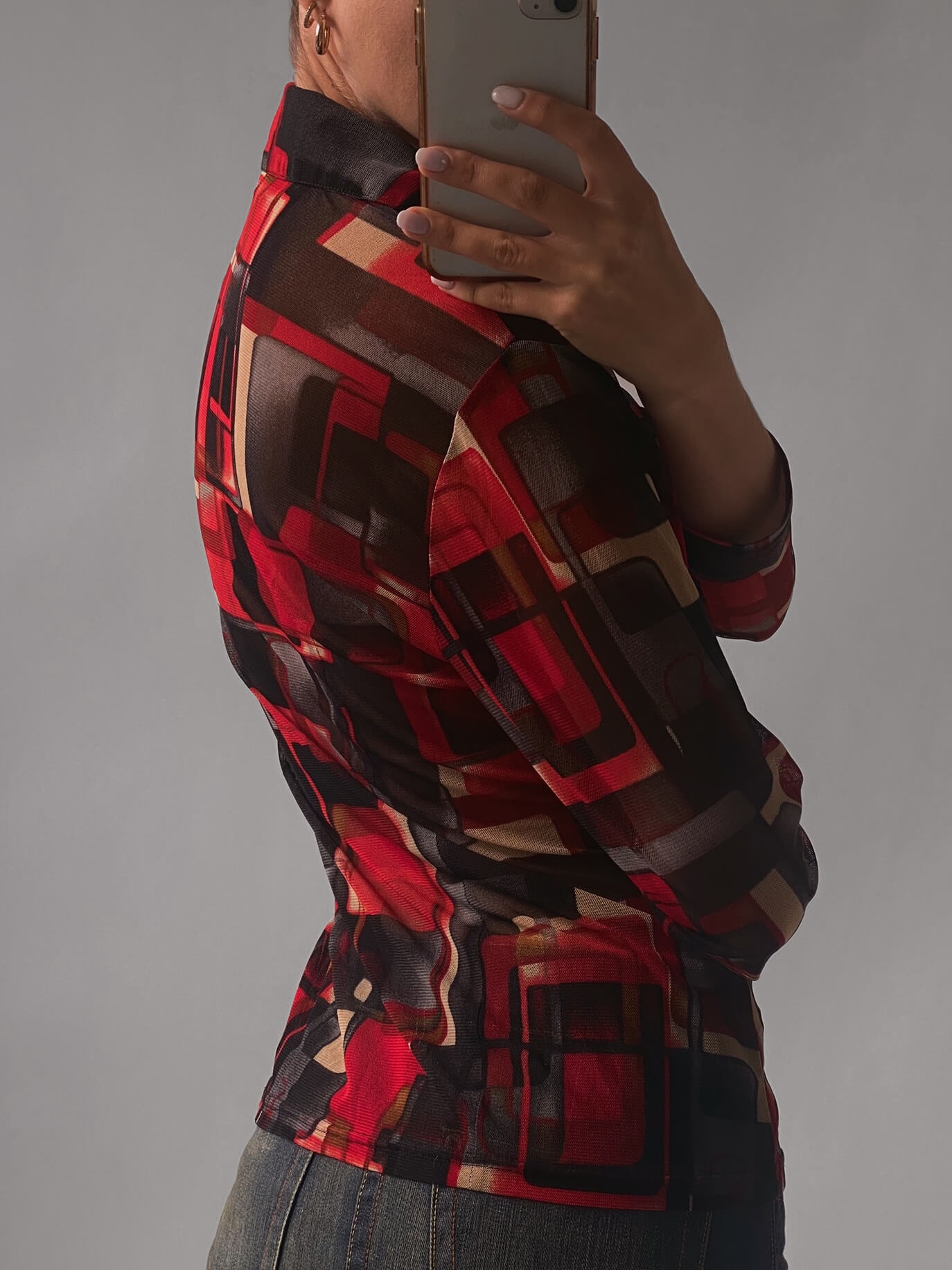 Vintage Printed Mesh Ruched Blouse | L