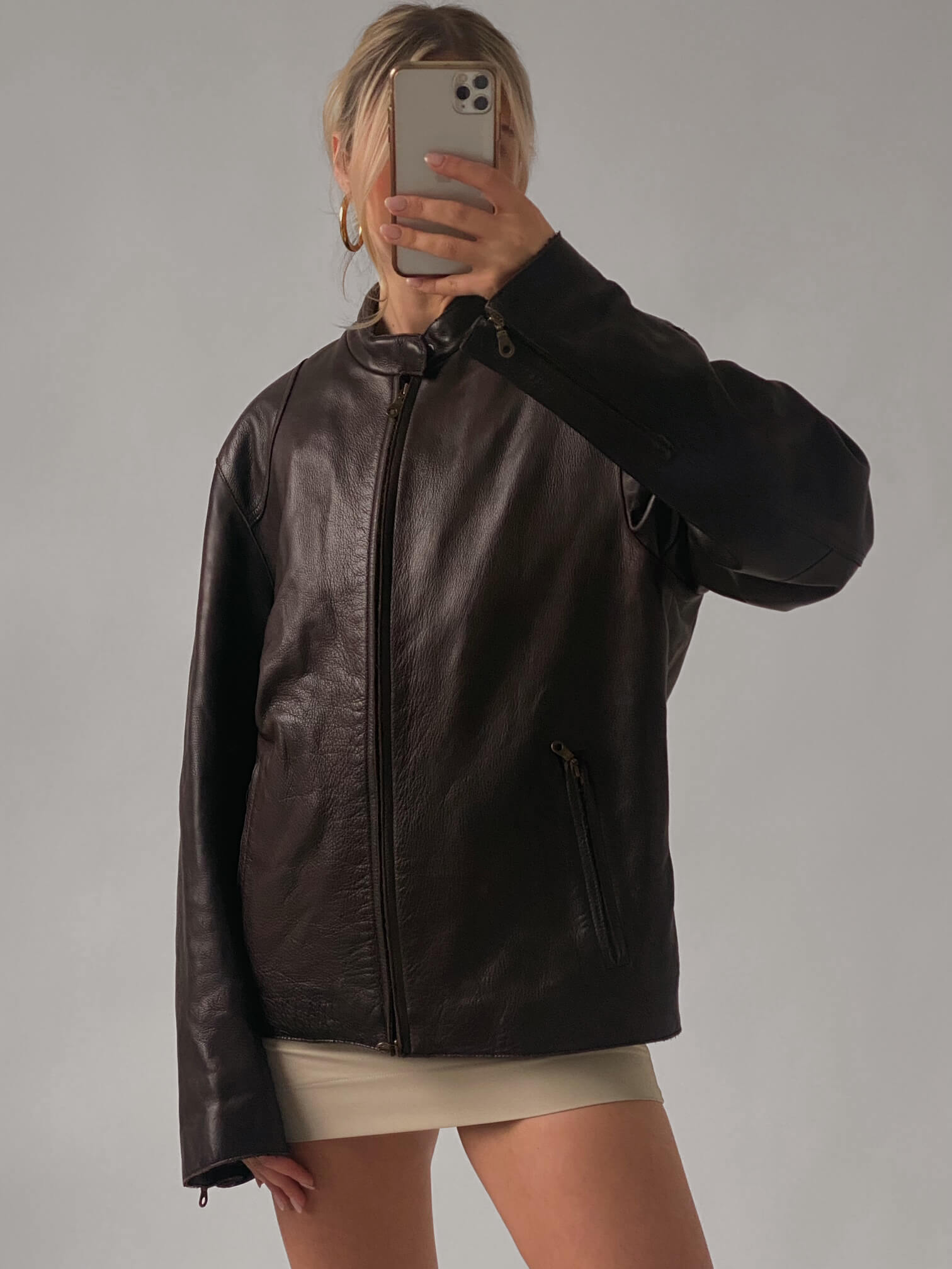 Vintage Oversized Chocolate Leather Moto Jacket | XS-XL
