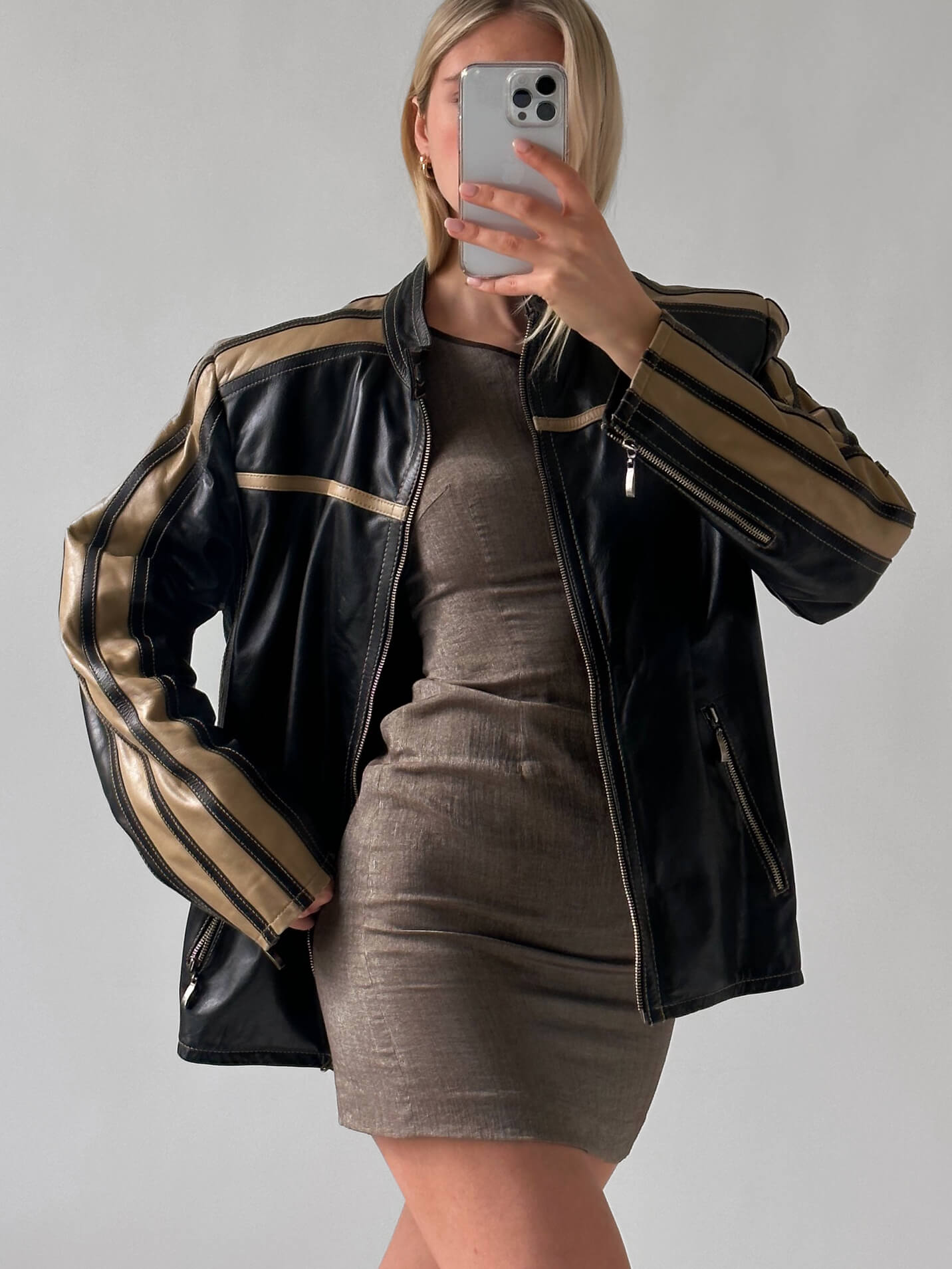 Vintage Oversized OXIDE Striped Leather Moto Jacket | XS-XL