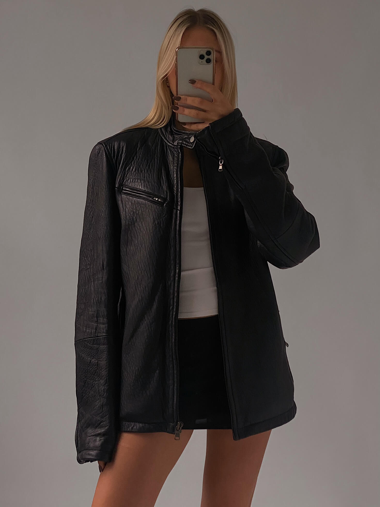 Vintage Oversized Straight Fit Pebbled Leather Jacket | XS-XL