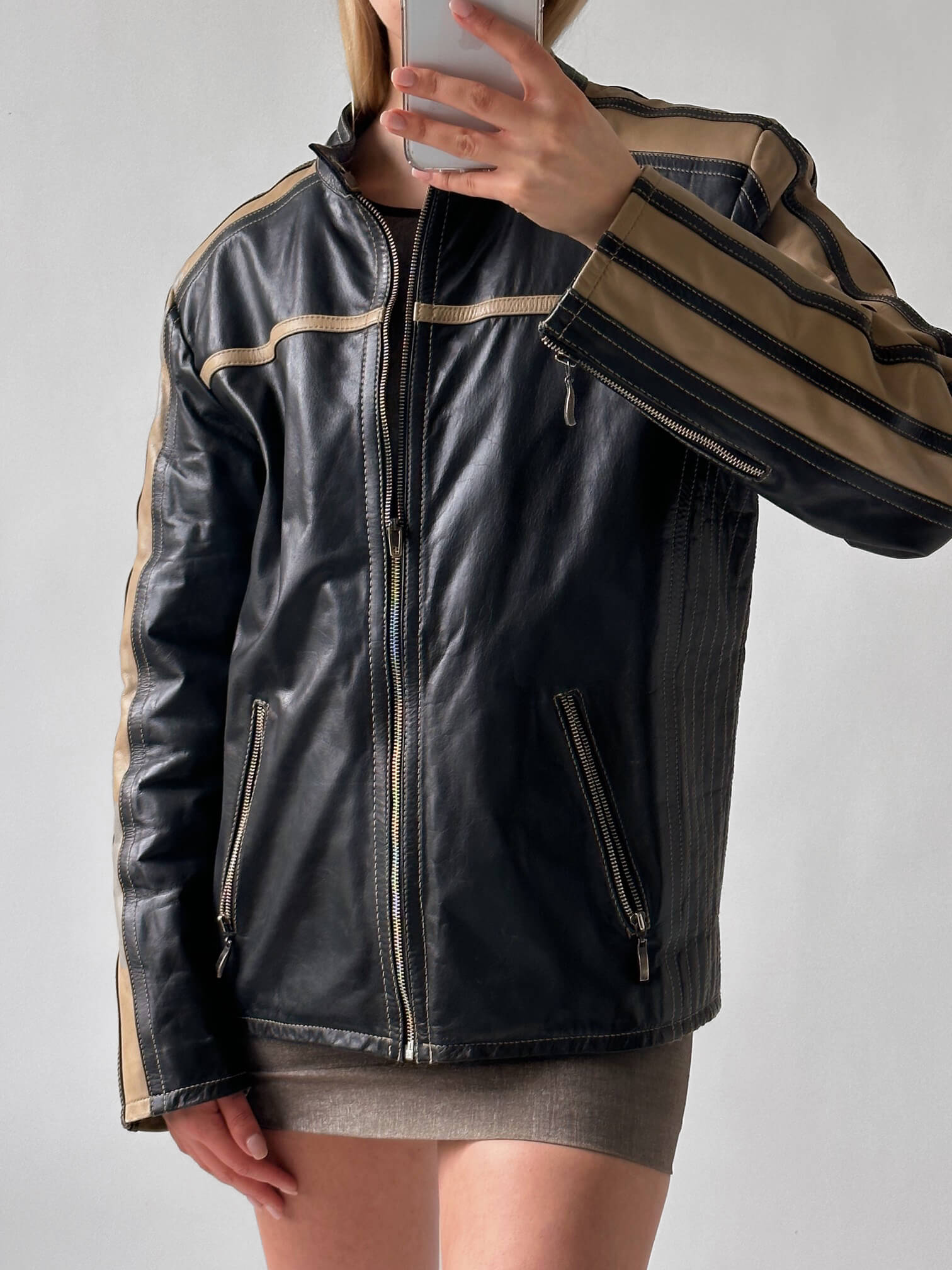 Vintage Oversized OXIDE Striped Leather Moto Jacket | XS-XL