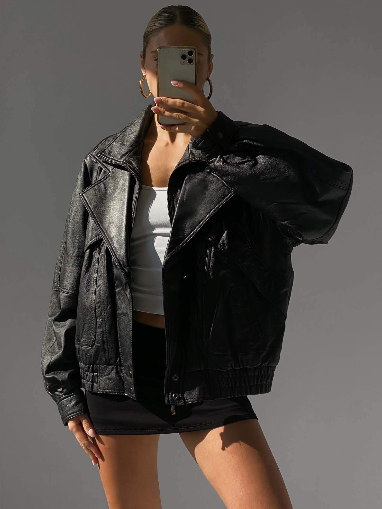 Vintage Oversized Double Collar Leather Bomber Jacket | XS-XL