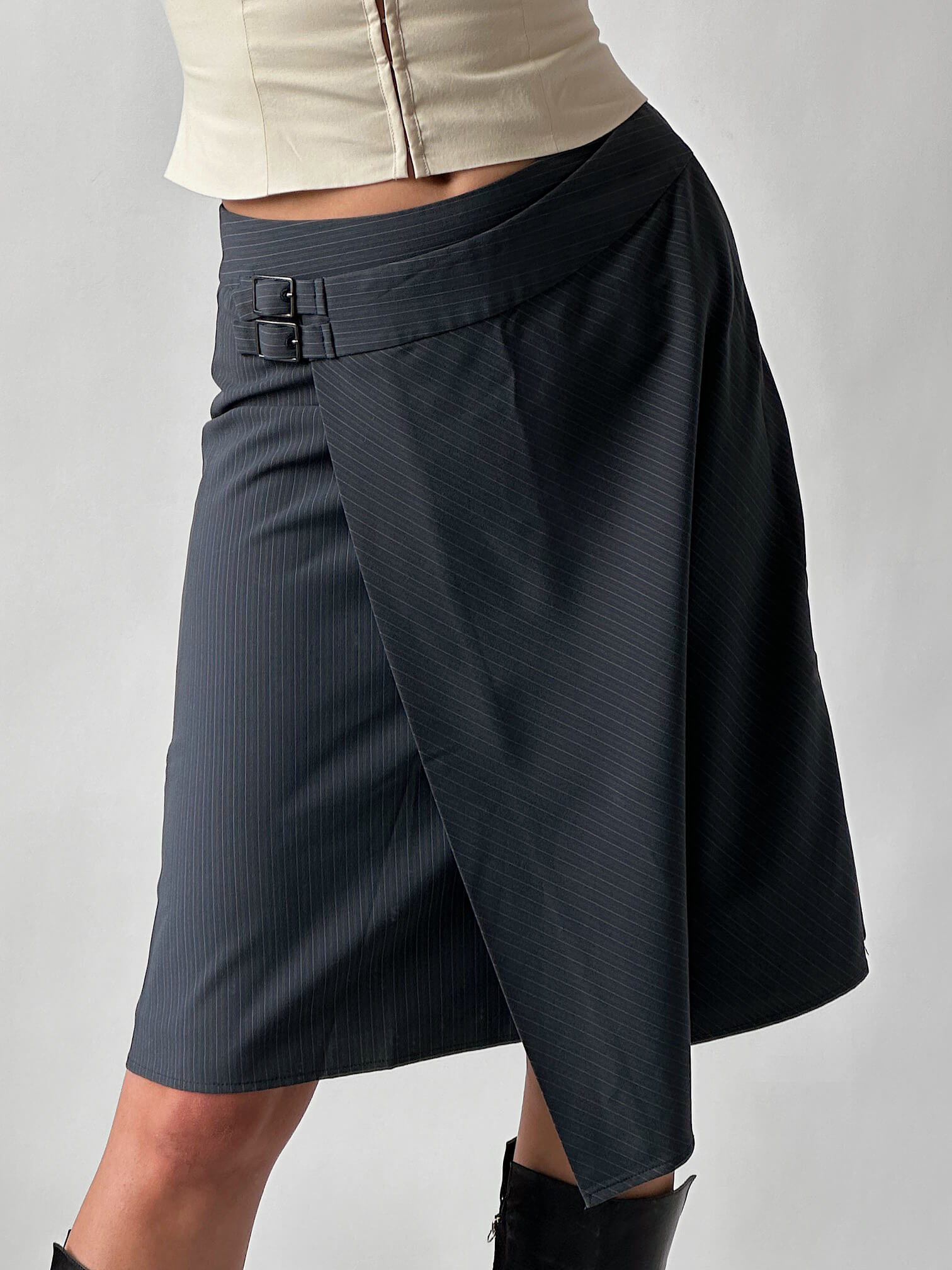 Vintage Contrast Pinstripe Buckle Skirt | S