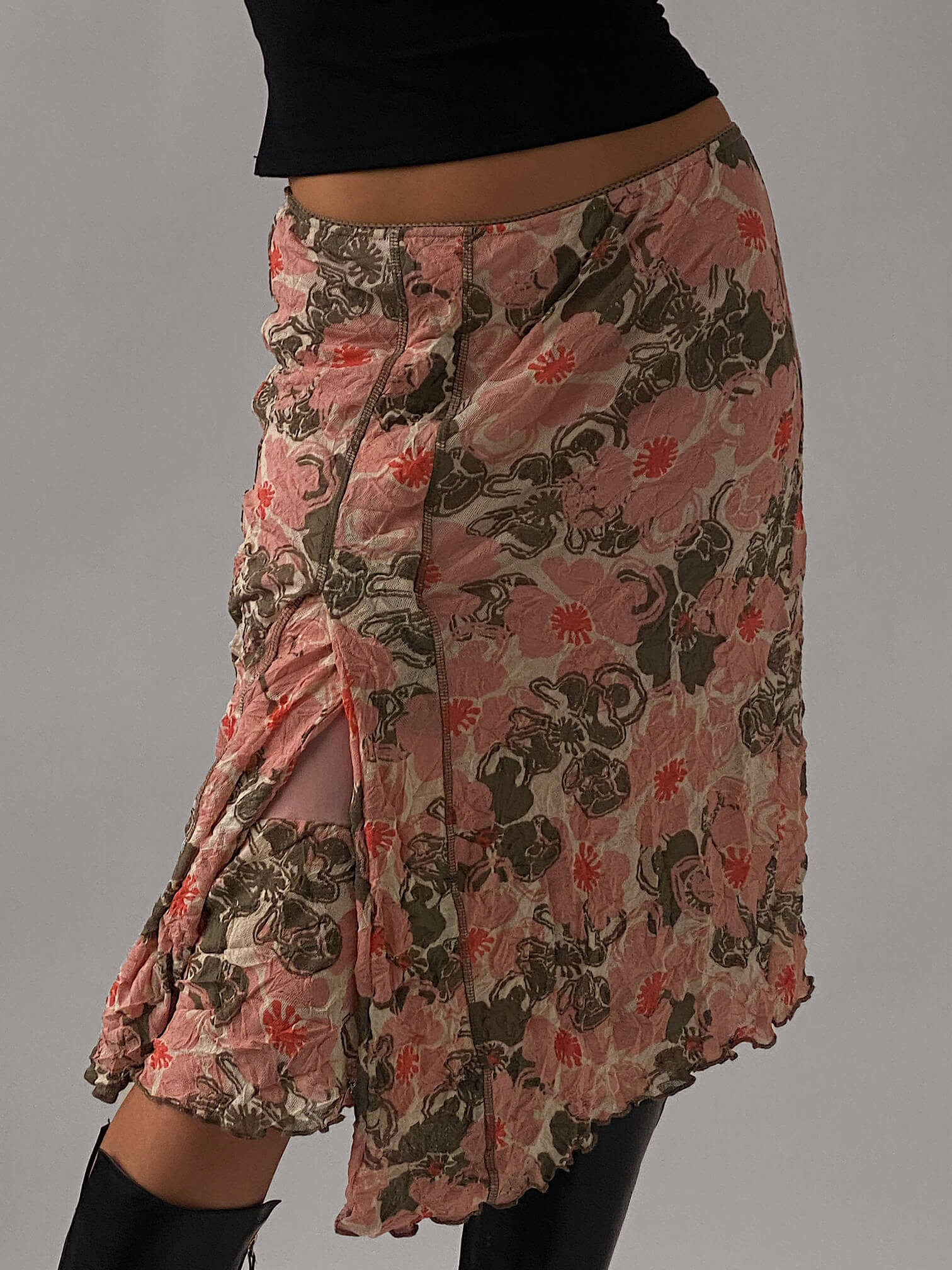 Vintage Crushed Mesh Floral Midi Skirt | S/M