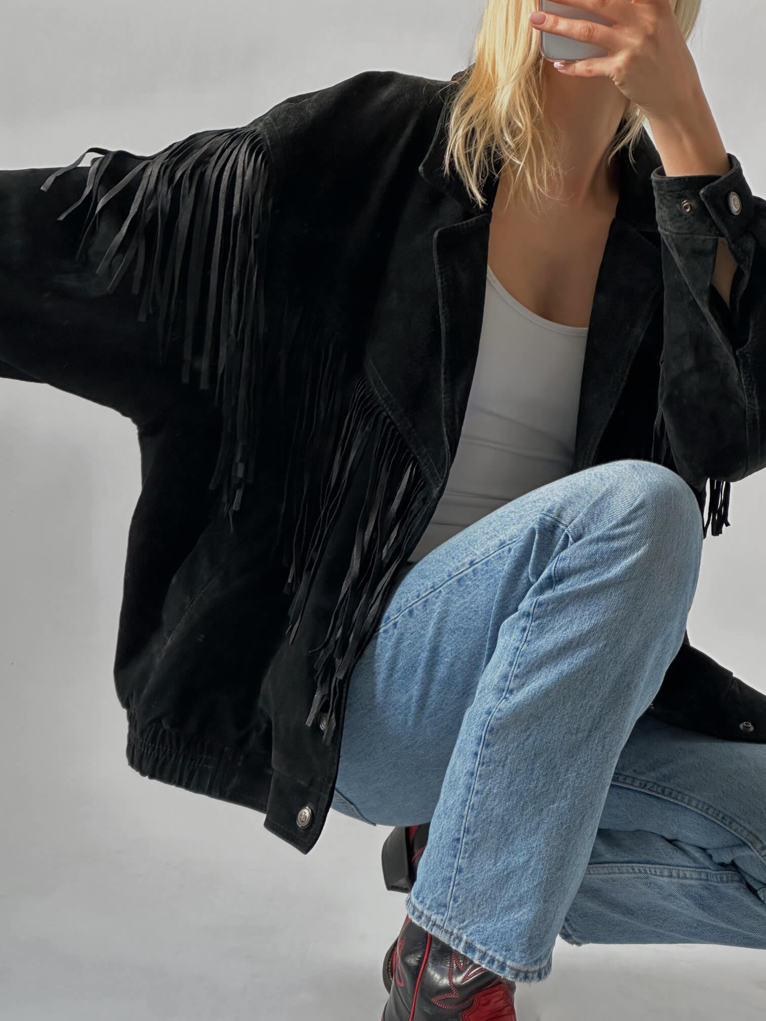 Vintage Oversized Suede Bomber Fringe Jacket | XS-XXL