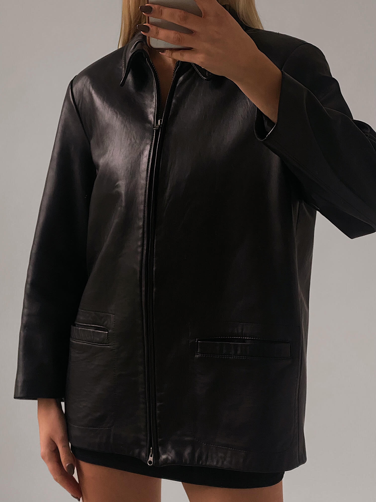 Vintage Oversized Reverse Zipper Straight Leather Jacket| XS-L