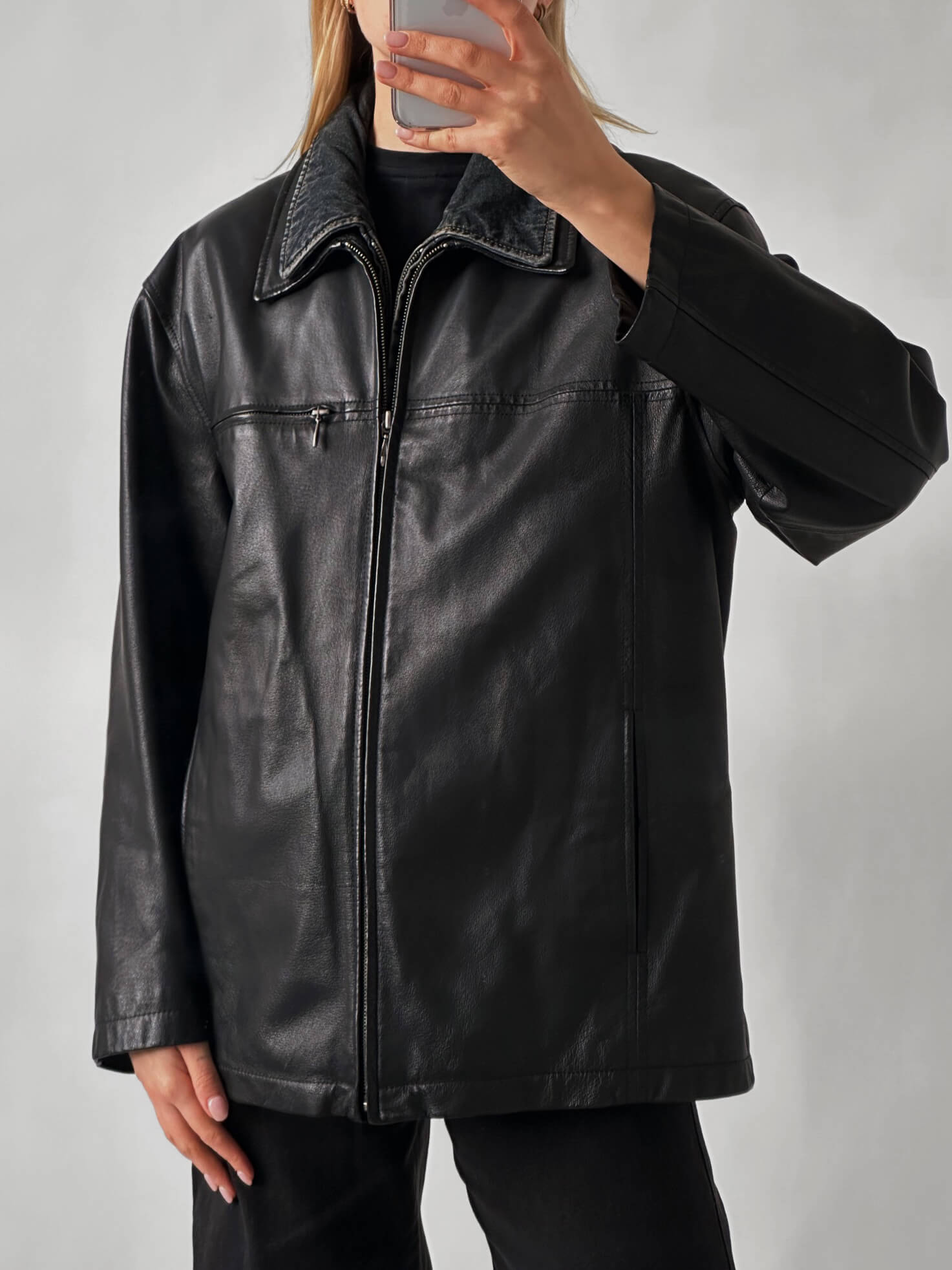 Vintage Denim Collar Oversized Leather Jacket | XS-L