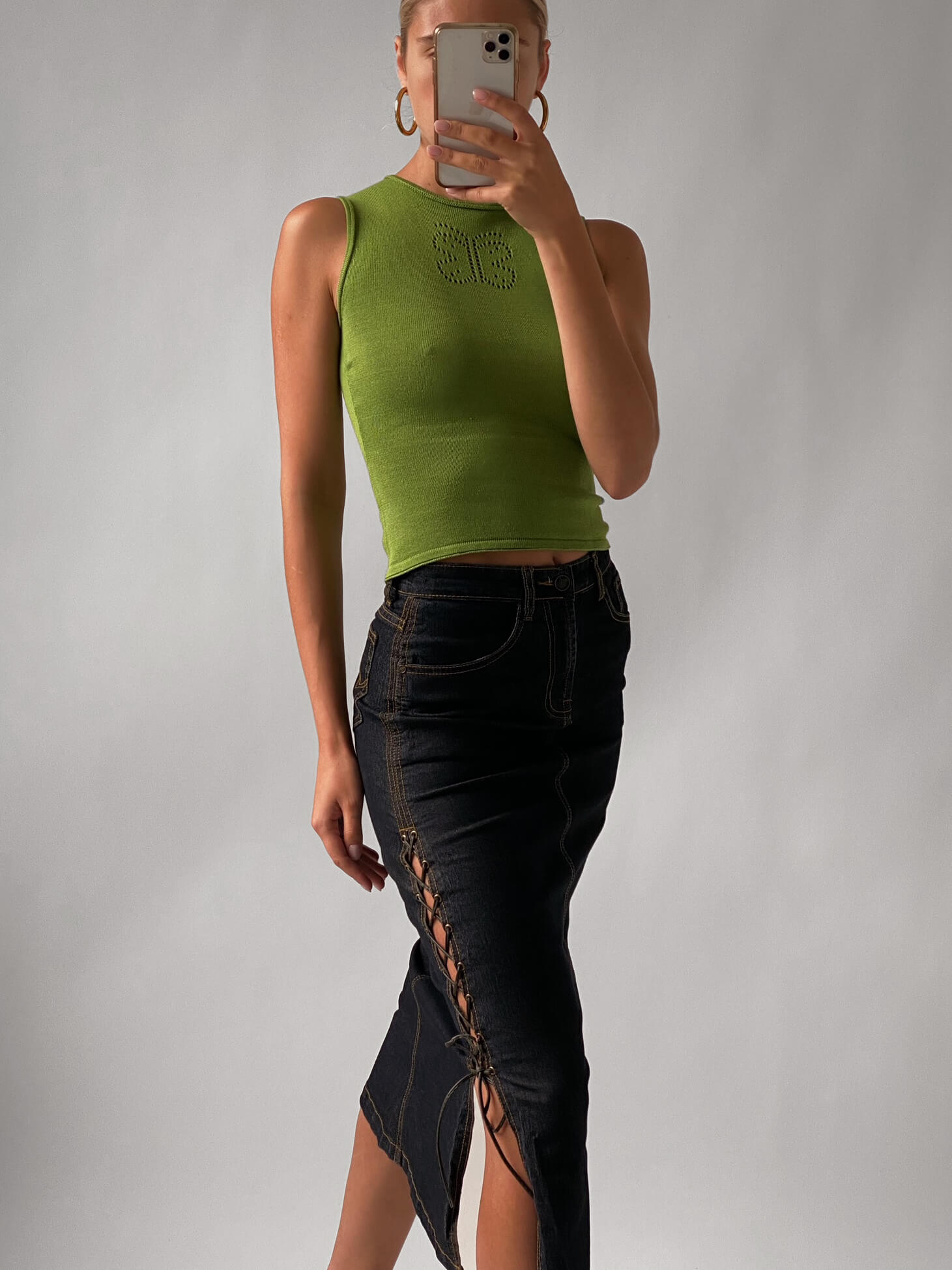 Vintage Y2K Lace Up Denim Midi Skirt | XS