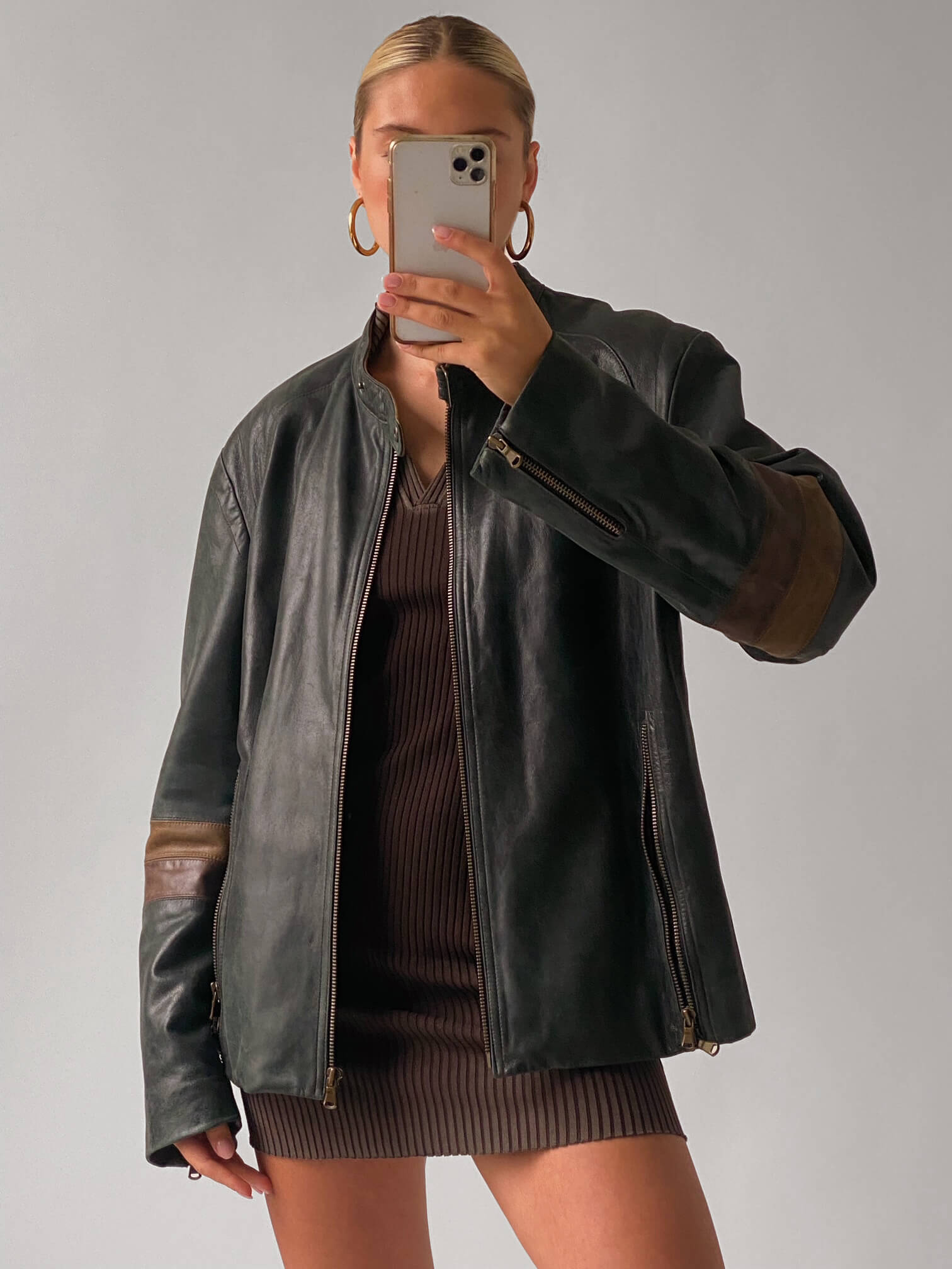Vintage Oversized Emerald Leather Moto Jacket | XS-XL