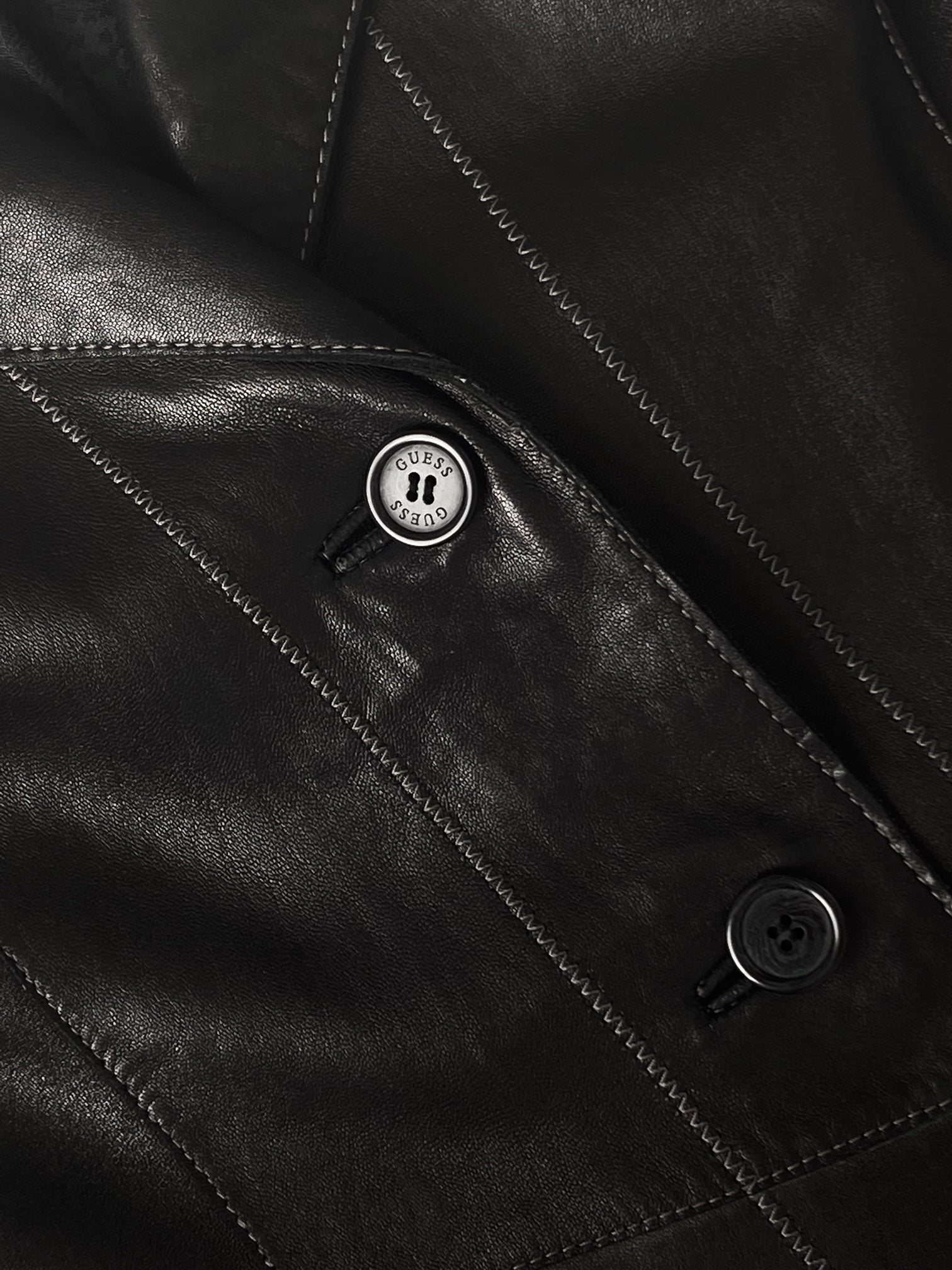 Vintage Guess Contrast Stitch Long Leather Jacket | XS-L