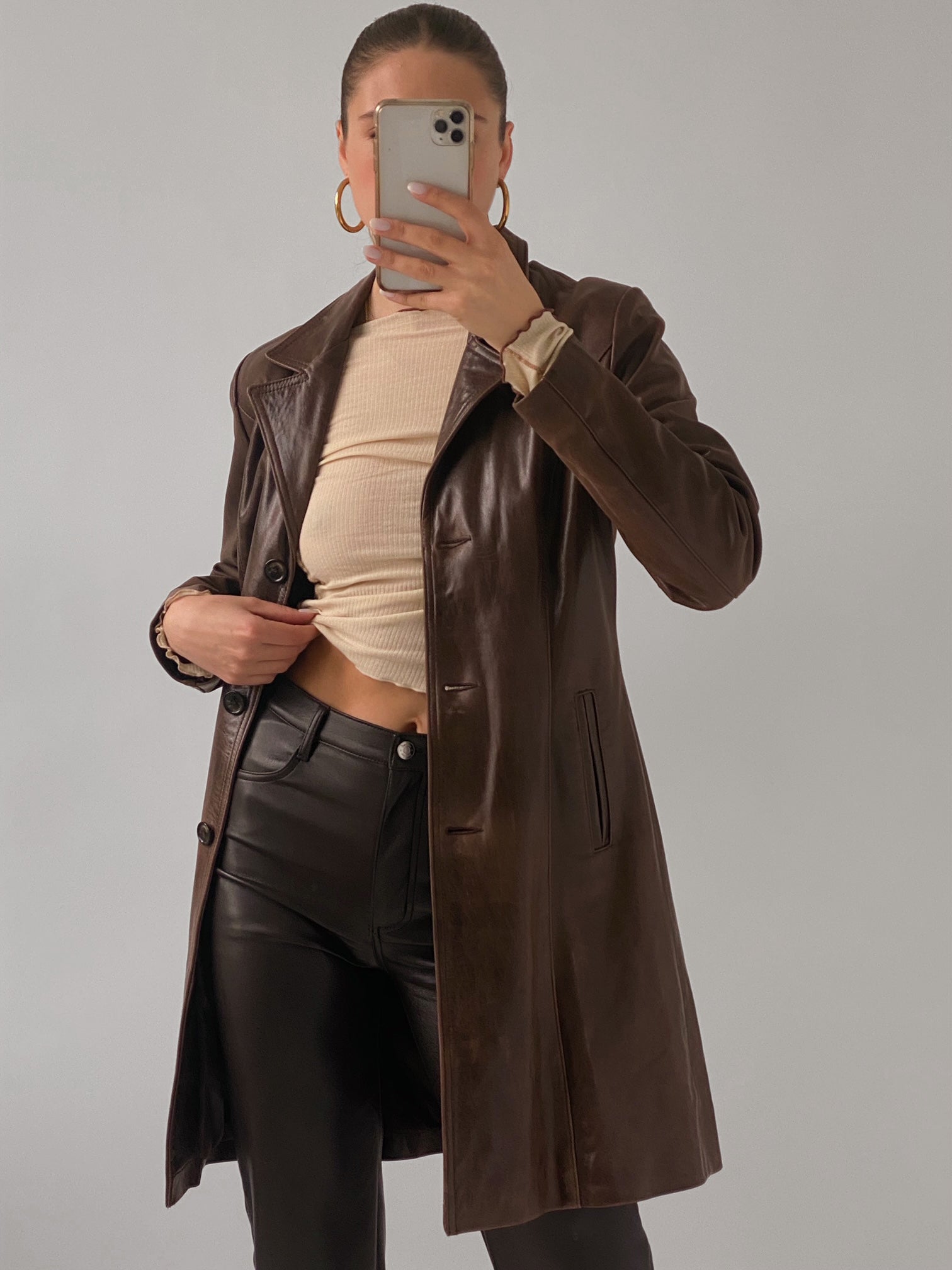 Vintage Chocolate Patina Long Leather Jacket | XS/S