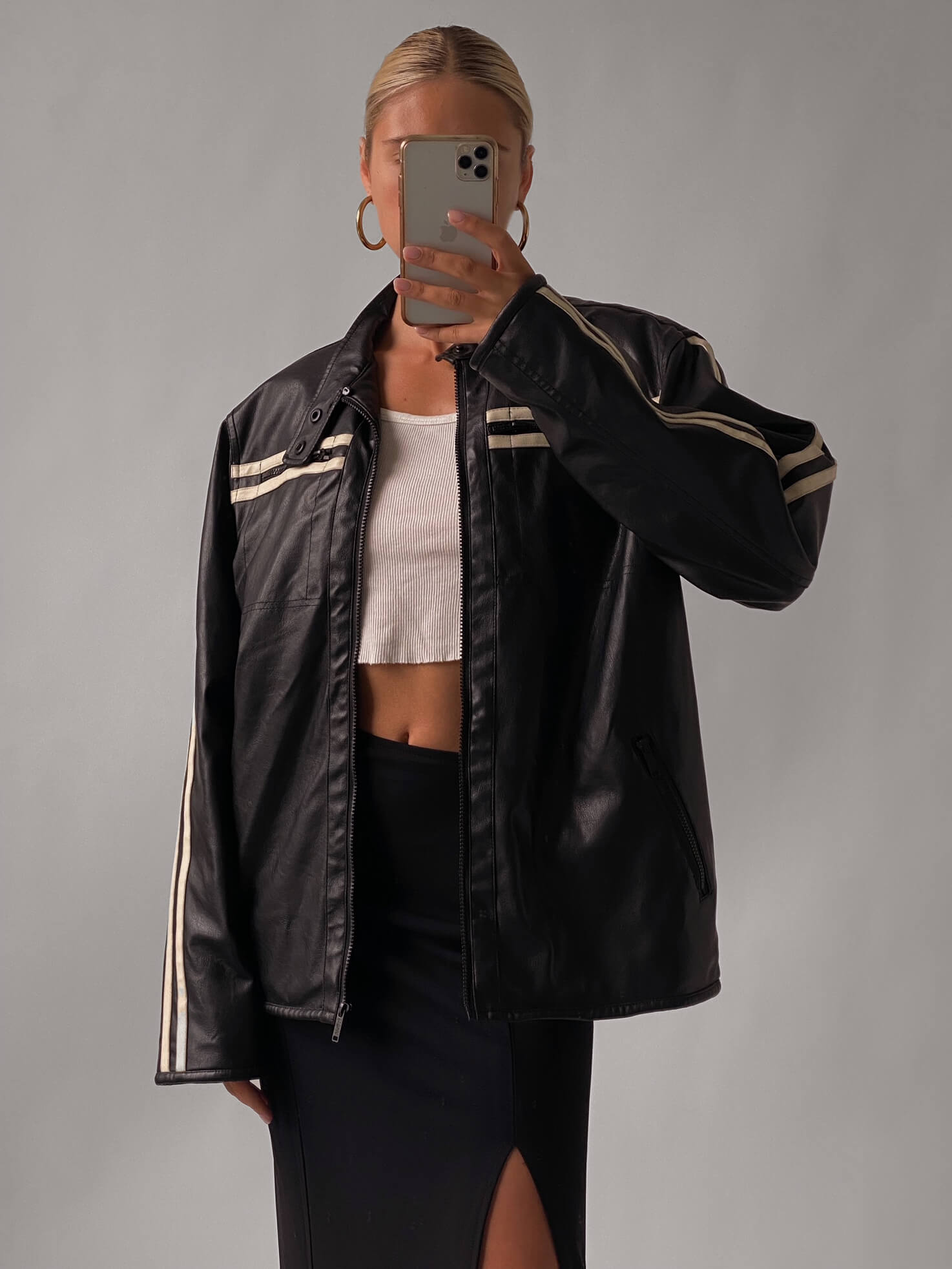 Vintage Faux Leather Striped Moto Jacket | XS-XL