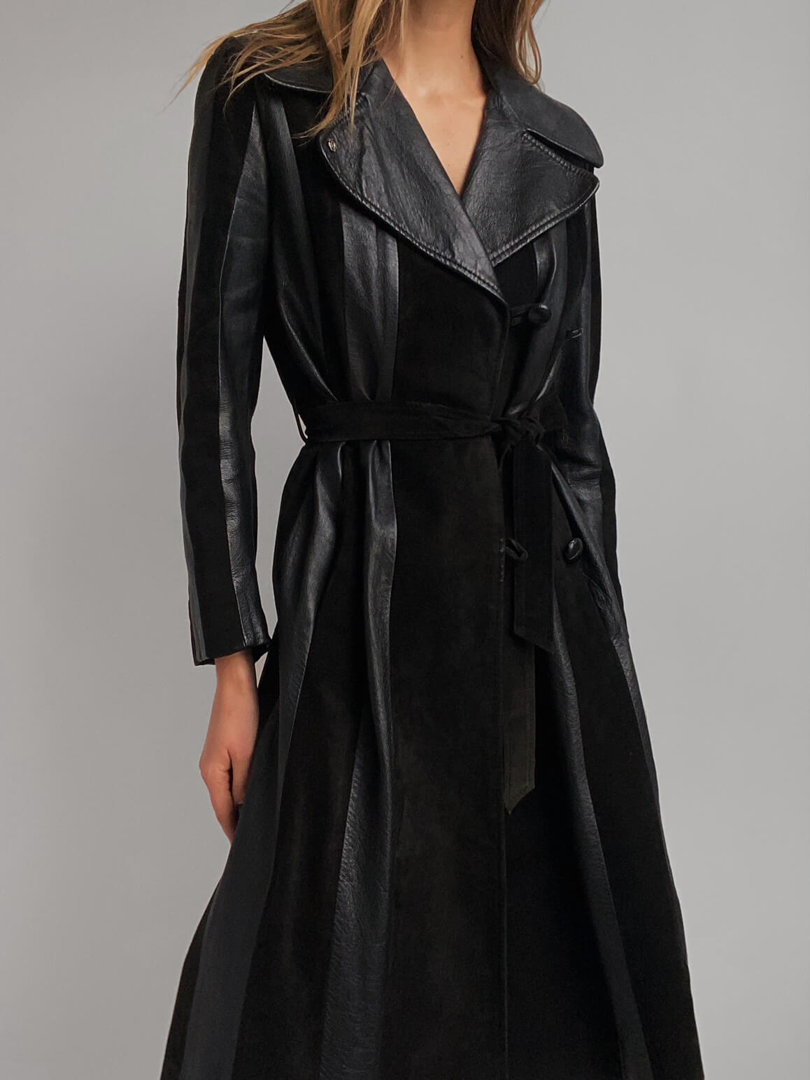 Vintage 1970s Leather & Suede Panelled Trench Coat | S