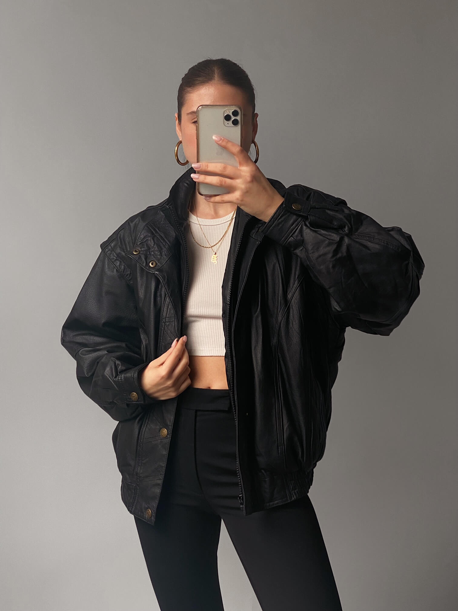 Vintage Double Collar Leather Bomber Jacket | XS-L