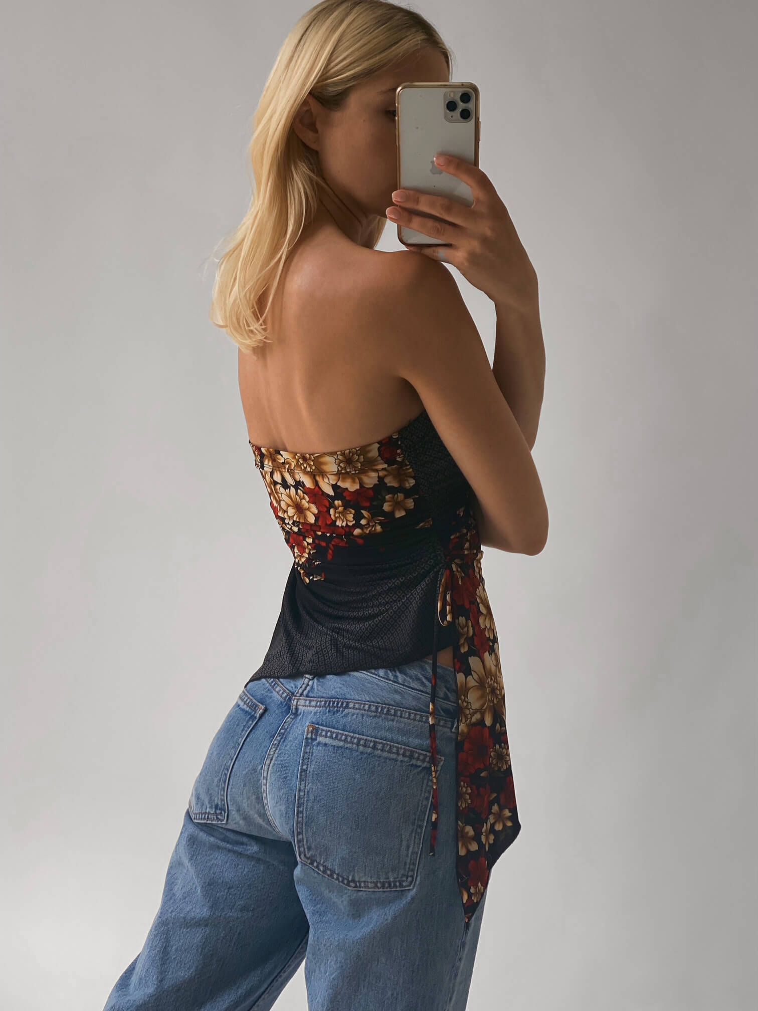 Y2K Strapless Ruched Blossom Top | S