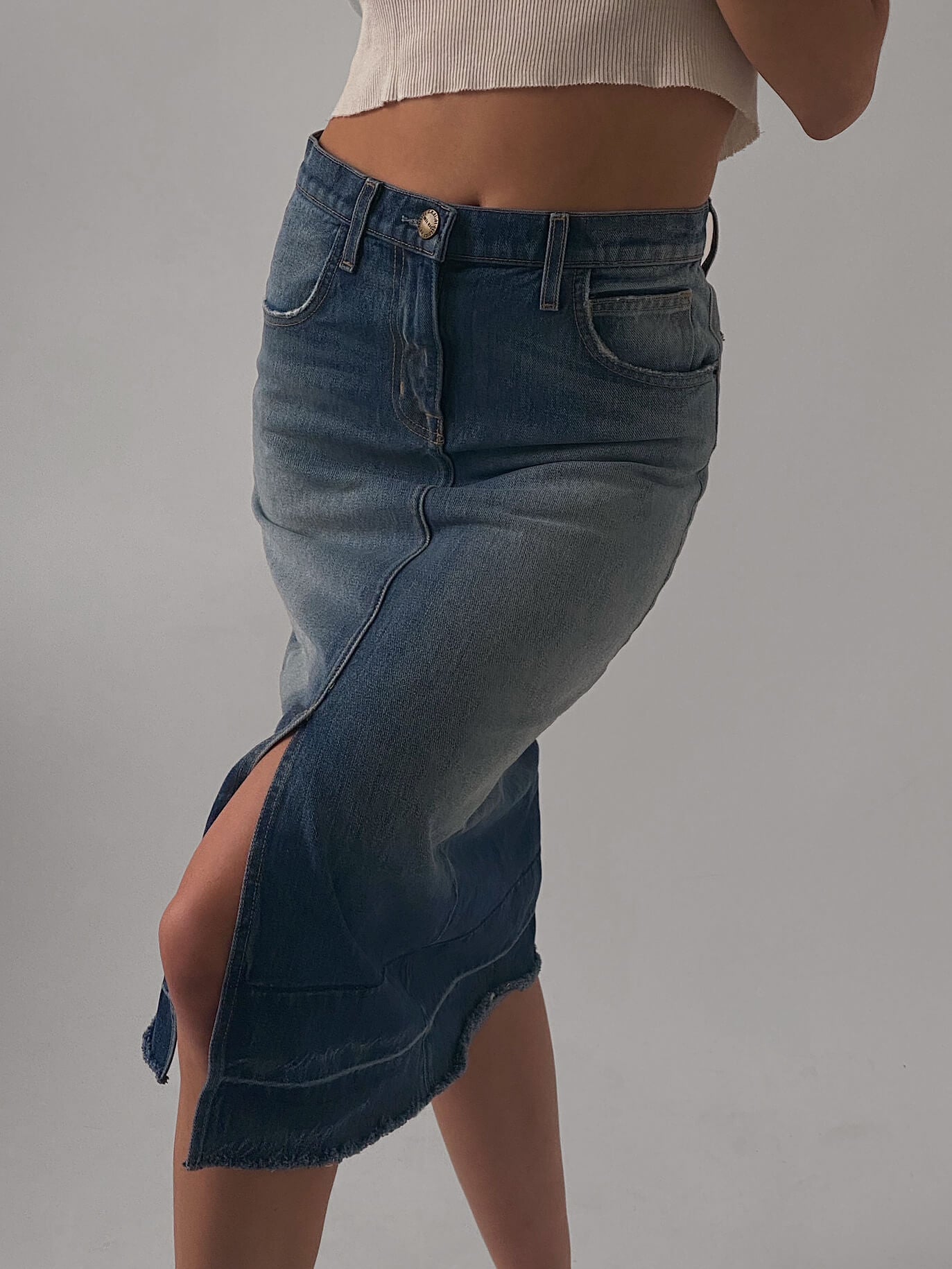 Vintage Faded Denim Midi Skirt | XS